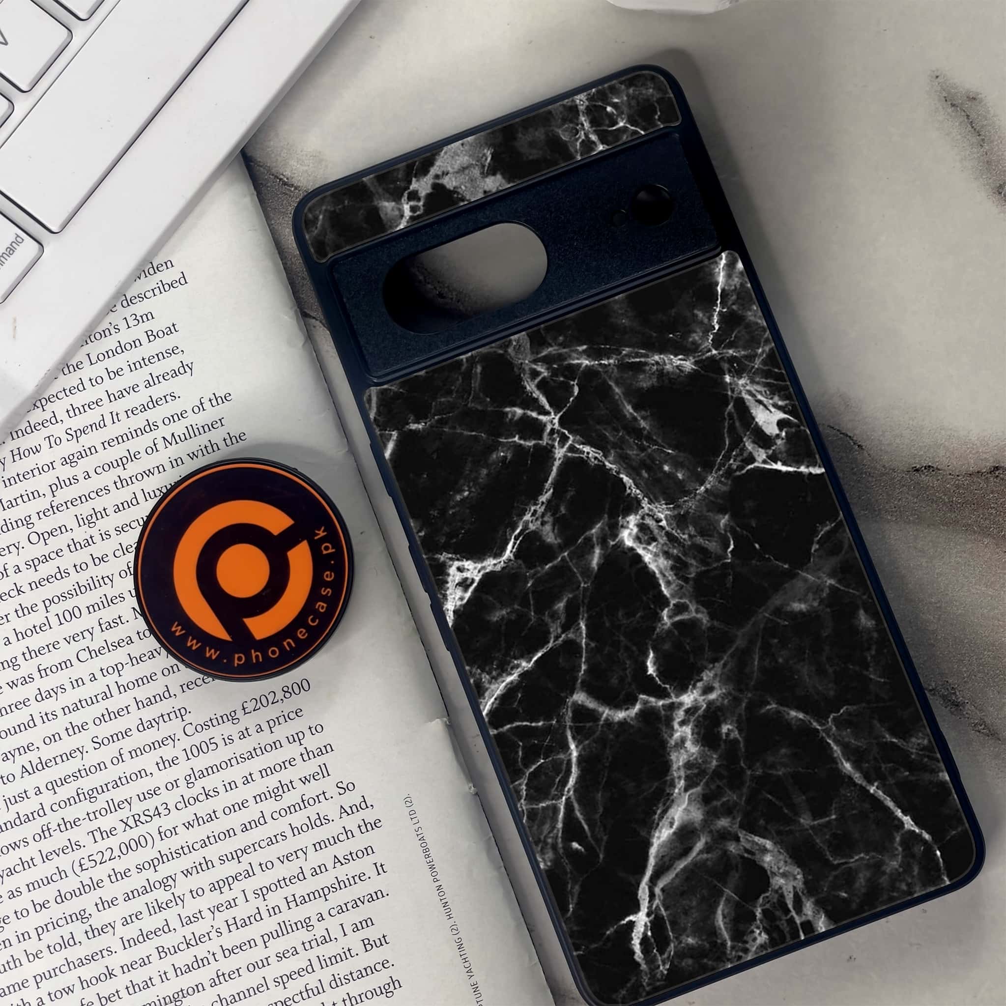Google Pixel 7 - Black Marble Series - Premium Metal Printed soft Bumper Shock Proof Case