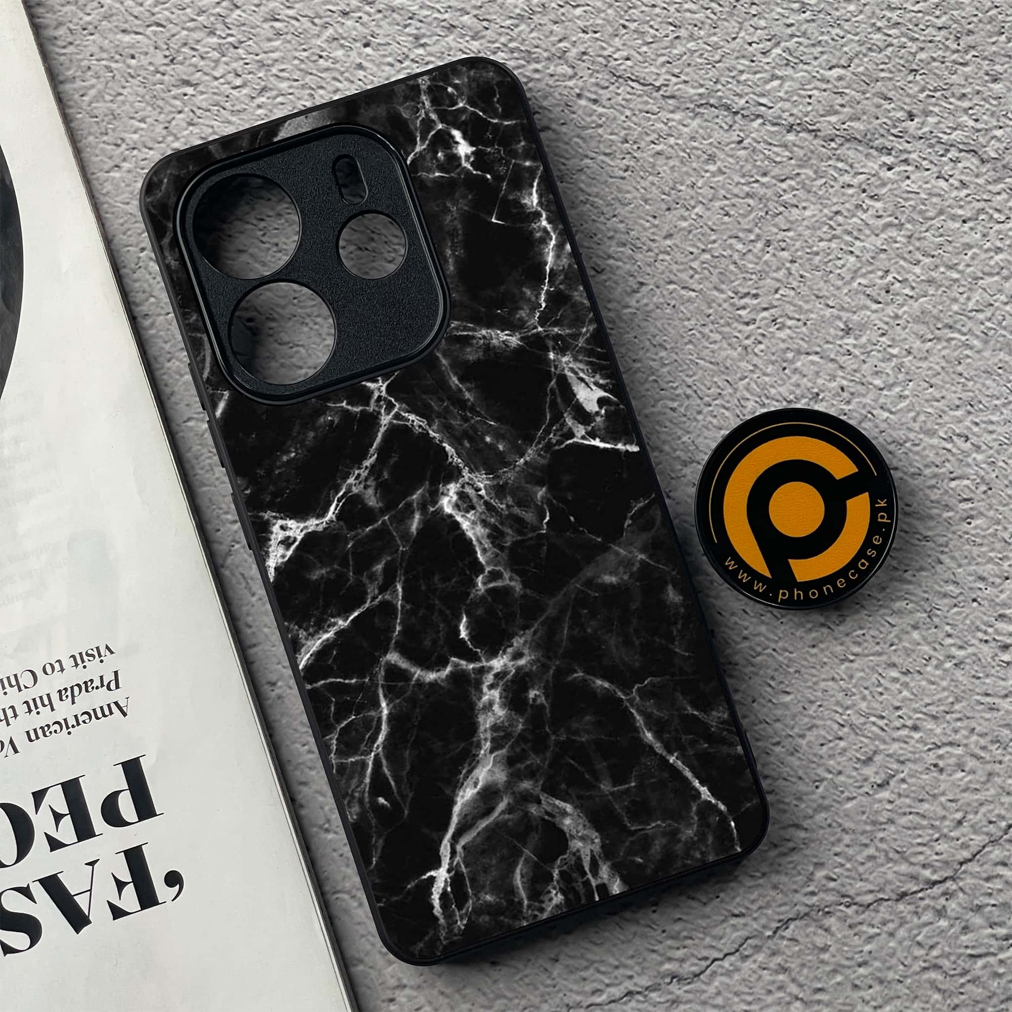 Xiaomi Redmi Note 14 - Black Marble Series - Premium Printed Glass soft Bumper shock Proof Case