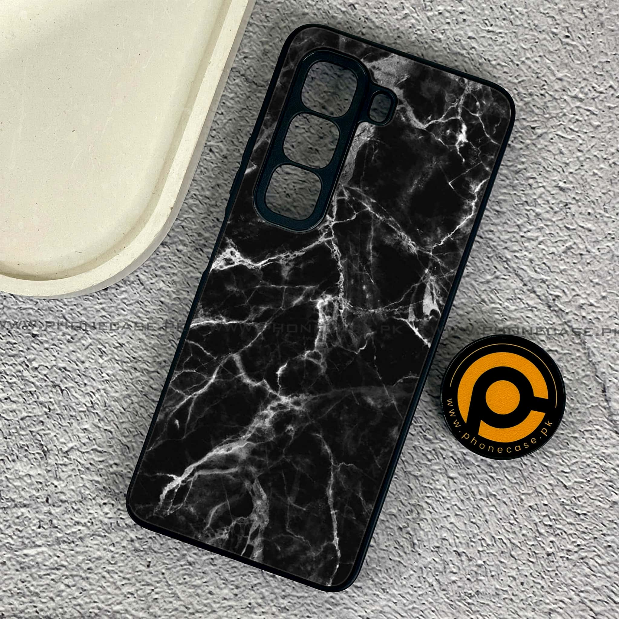 Infinix Hot 50 4G - Black Marble Series - Premium Printed Glass soft Bumper shock Proof Case