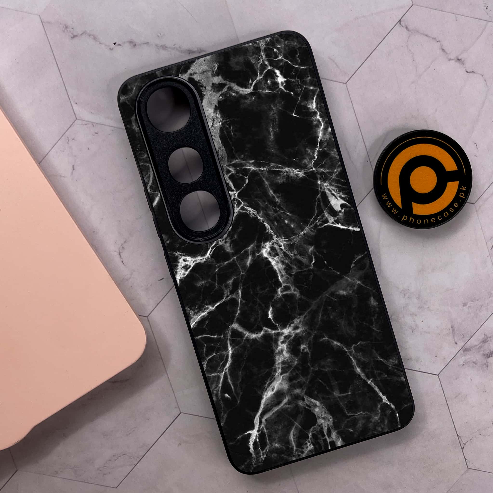 Vivo V50 Lite - Black Marble Series - Premium Metal Printed soft Bumper shock Proof Case