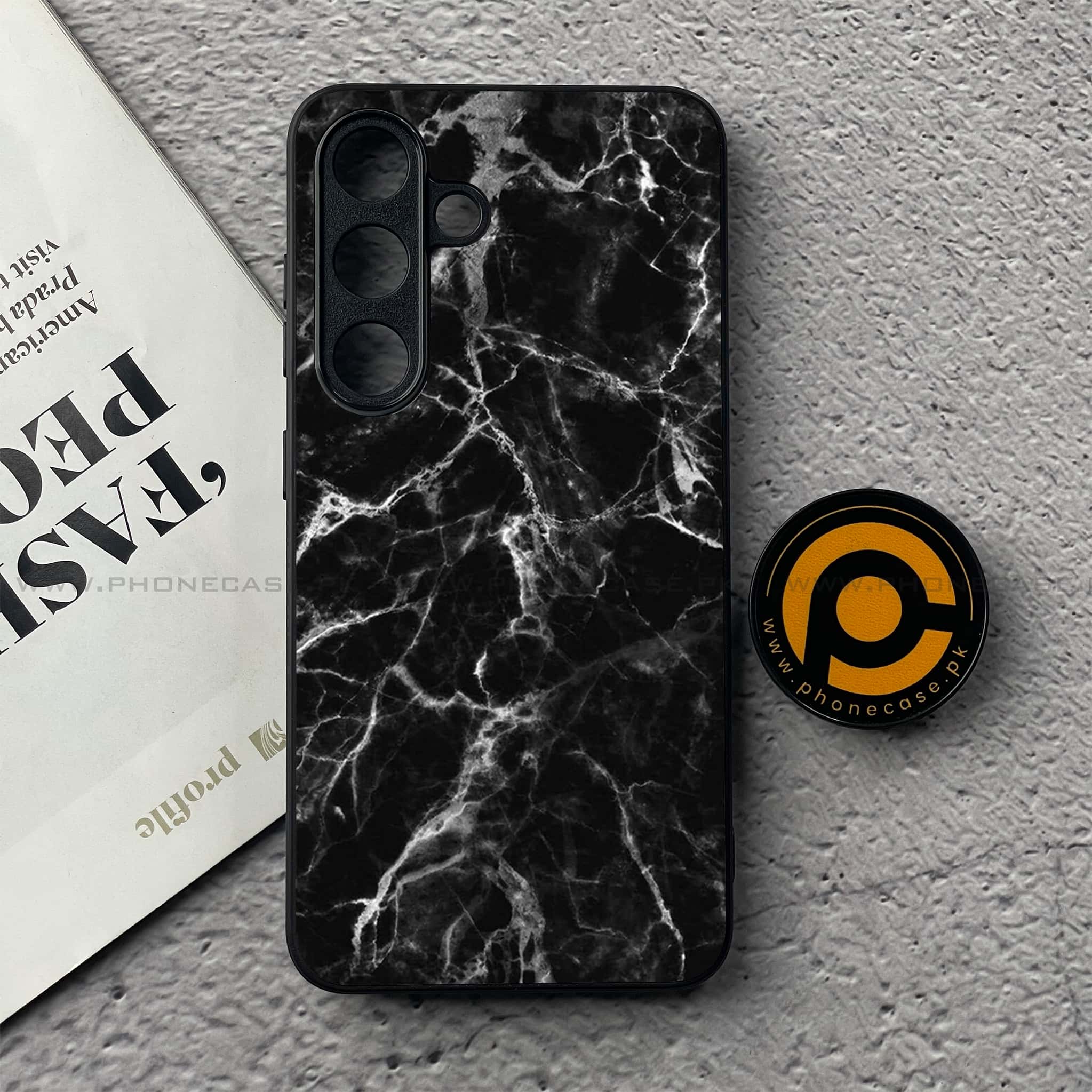 Samsung Galaxy S25 FE - Black Marble Series - Premium Metal Printed soft Bumper shock Proof Case