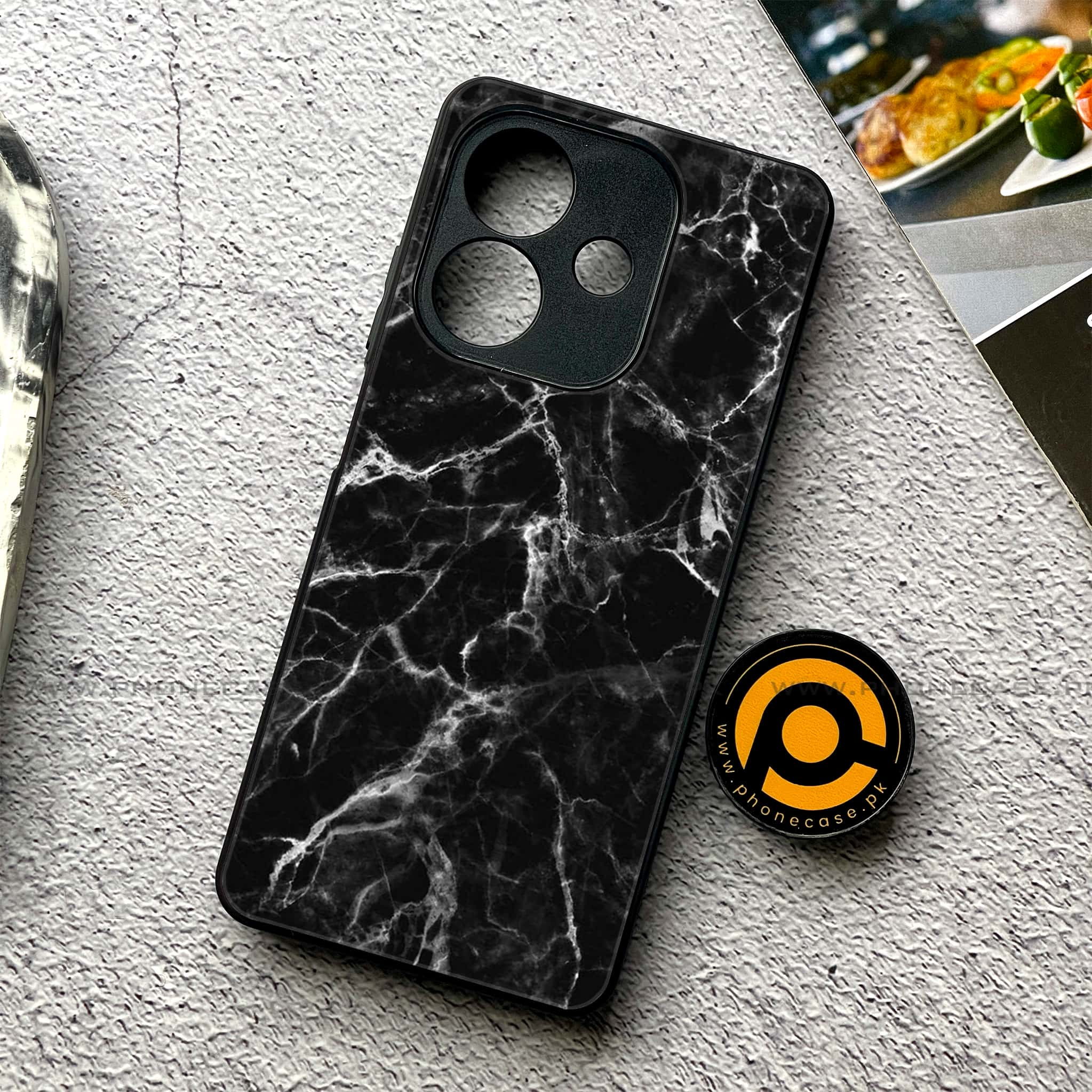 Oppo A3x - Black Marble Series - Premium Printed Glass soft Bumper shock Proof Case