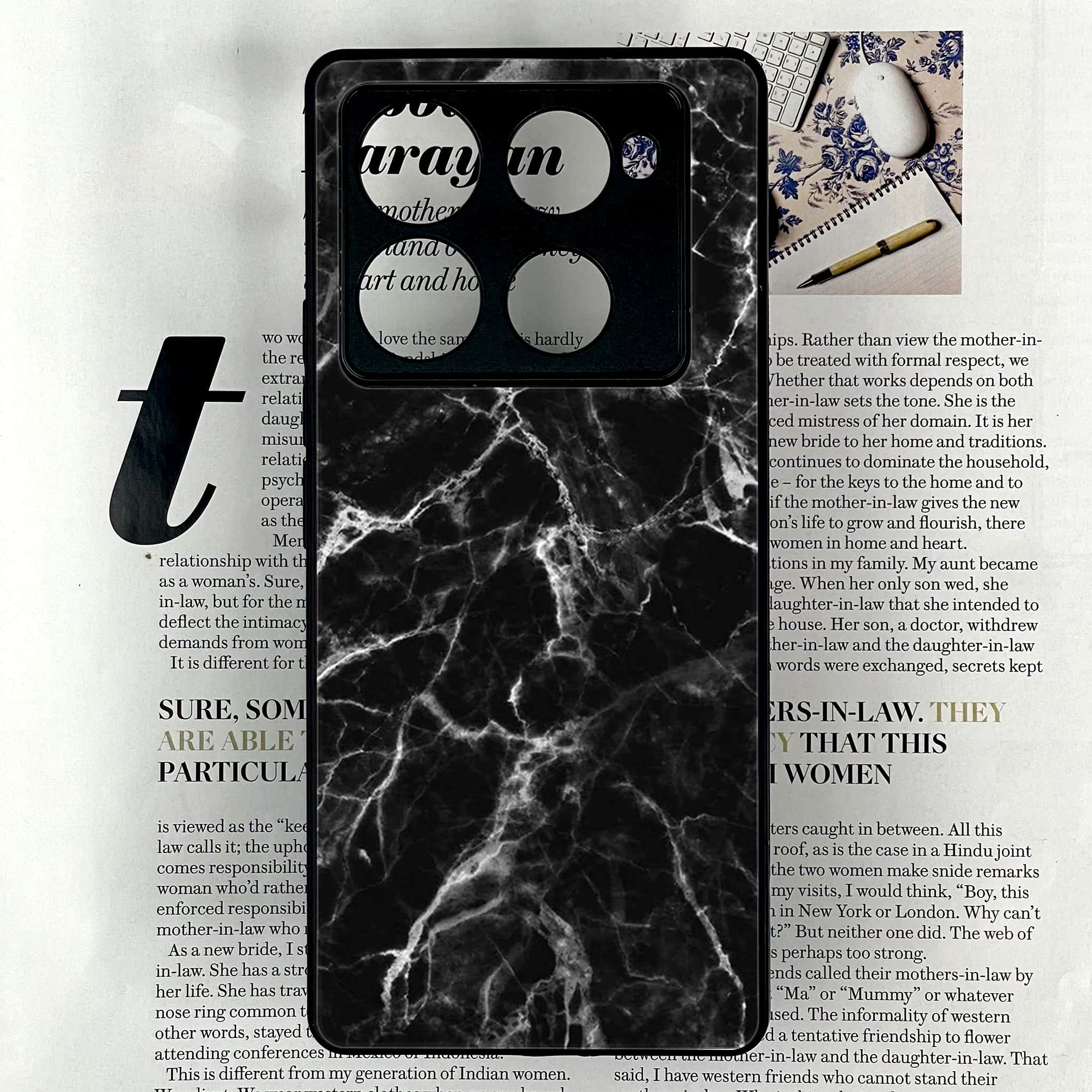 Infinix Note 40 Pro Plus - Black Marble Series - Premium Metal Printed soft Bumper shock Proof Case