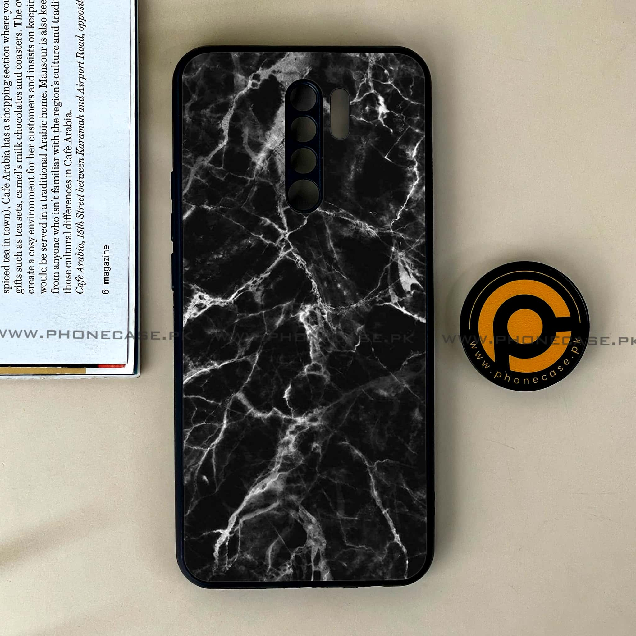 Xiaomi Redmi 9 - Black Marble Series - Premium Printed Glass soft Bumper shock Proof Case