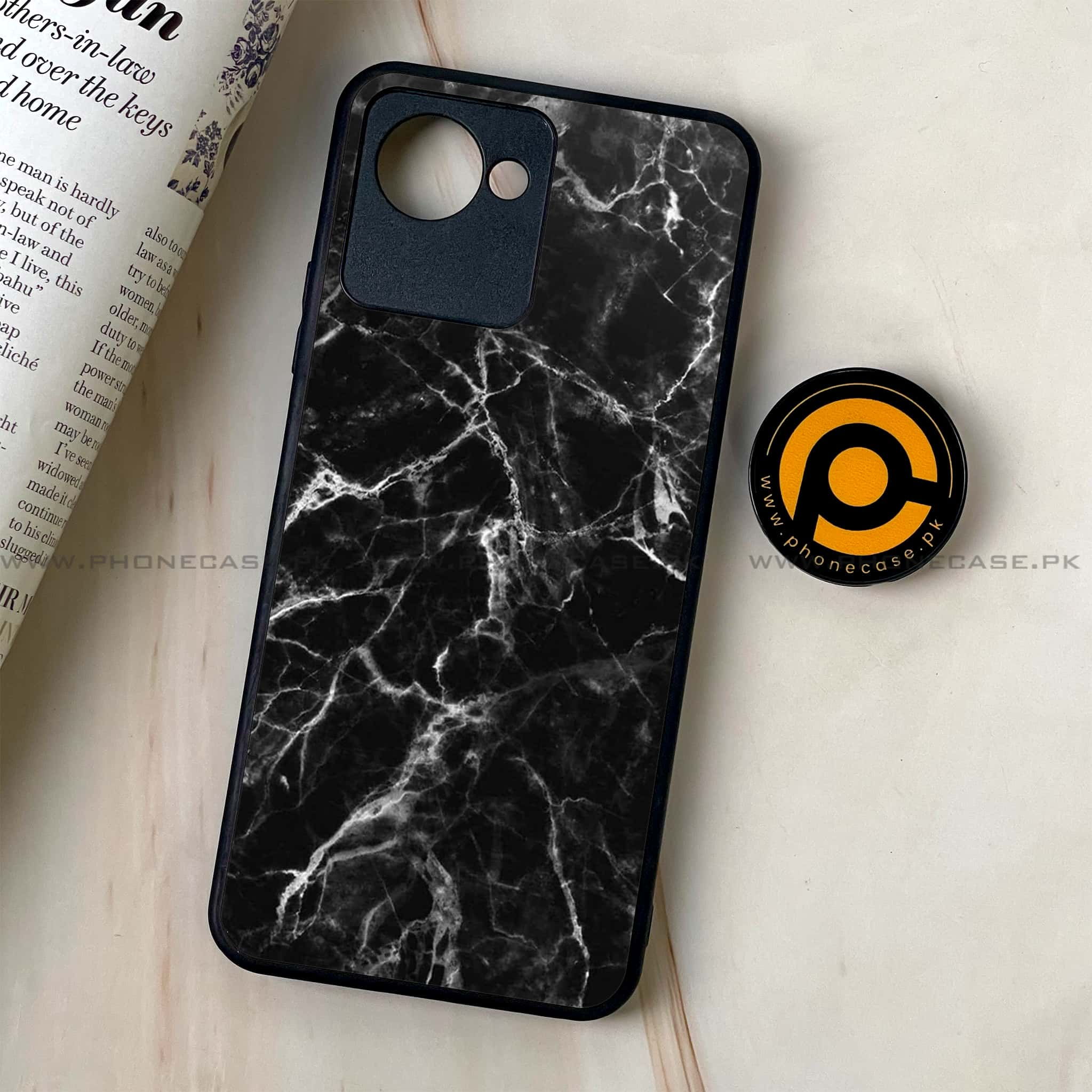 Realme C30 - Black Marble Series - Premium Printed Glass soft Bumper shock Proof Case