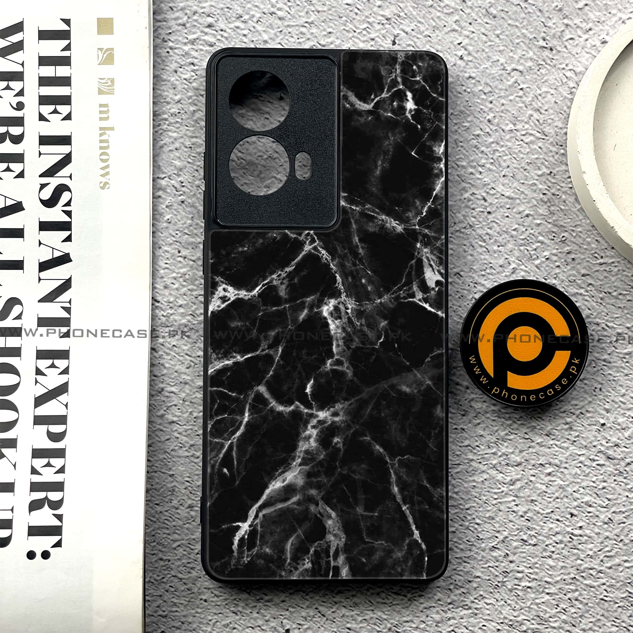 Moto G85 - Black Marble Series - Premium Printed Glass soft Bumper shock Proof Case