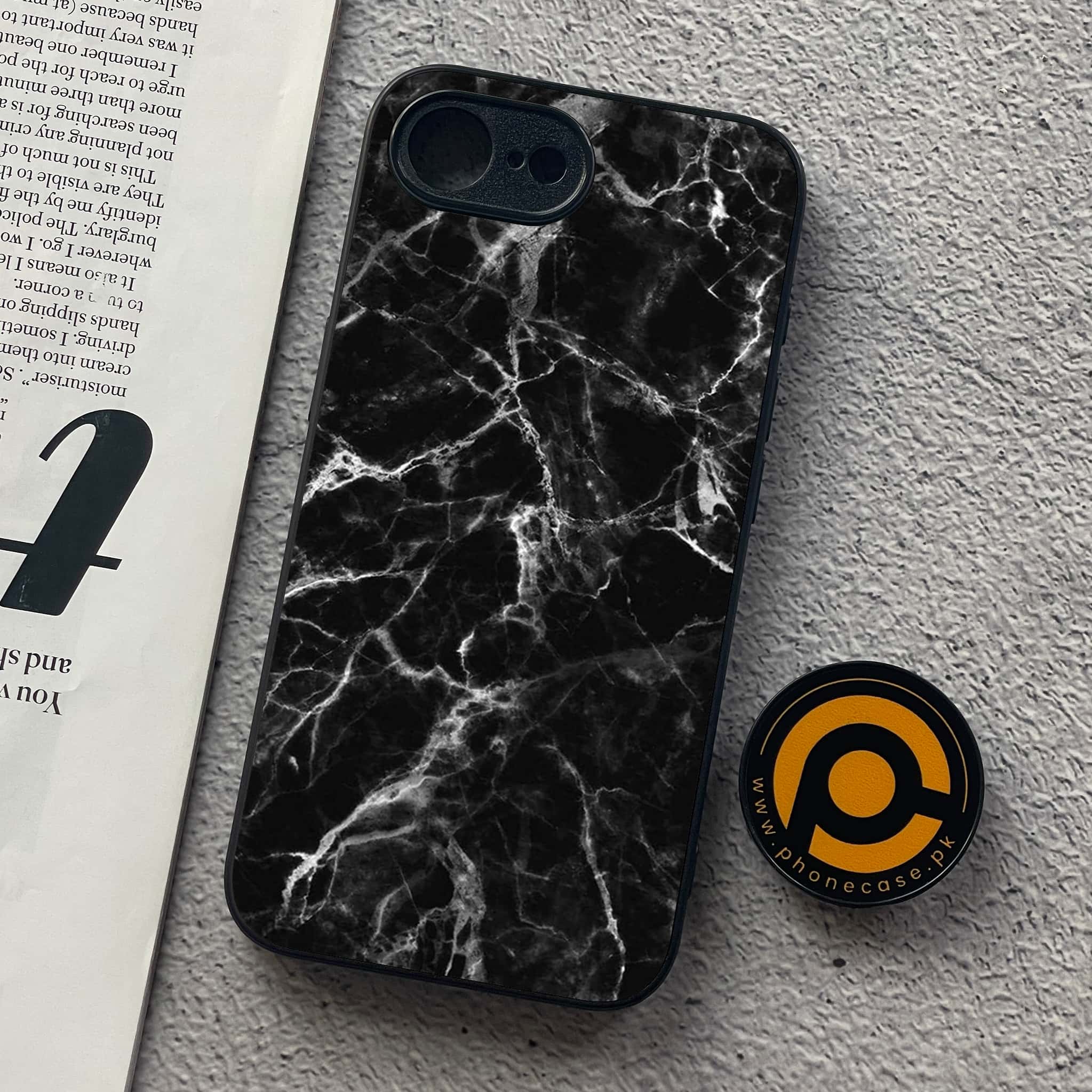 iPhone 16e - Black Marble Series - Premium Metal  Printed soft Bumper shock Proof Case