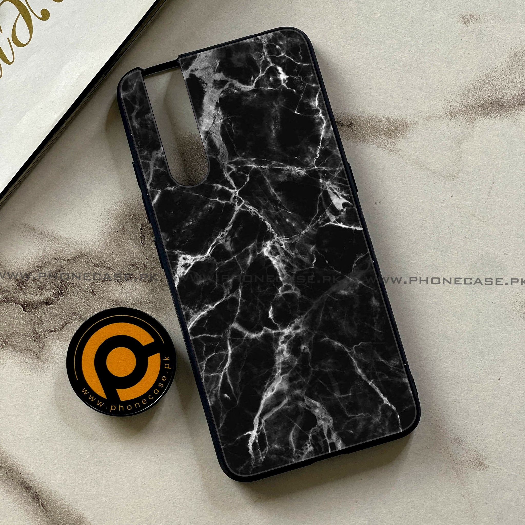 Vivo V15 Pro - Black Marble Series - Premium Printed Glass soft Bumper shock Proof Case