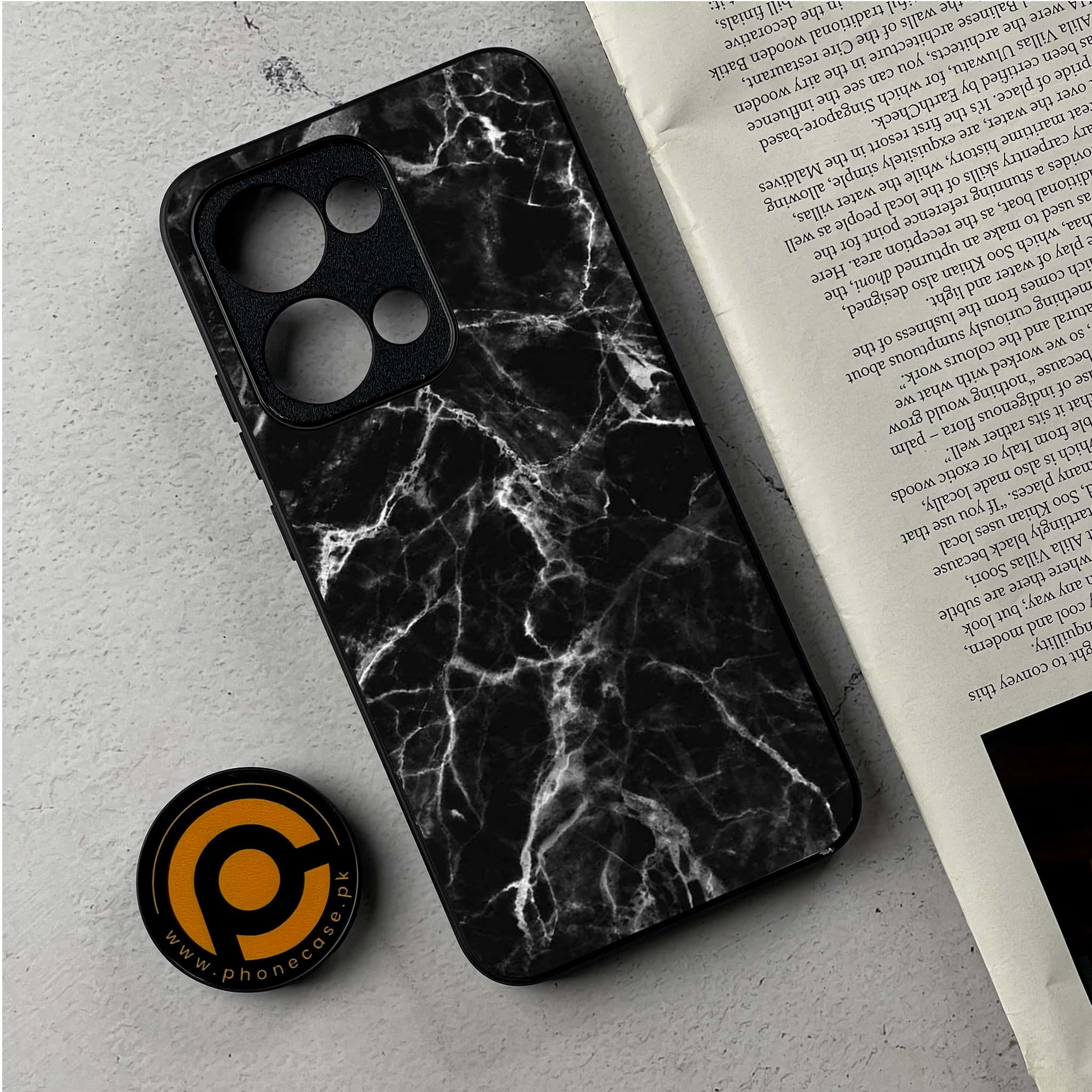 Oppo Reno 13 - Black Marble Series - Premium Metal Printed Soft Bumper Shockproof Case
