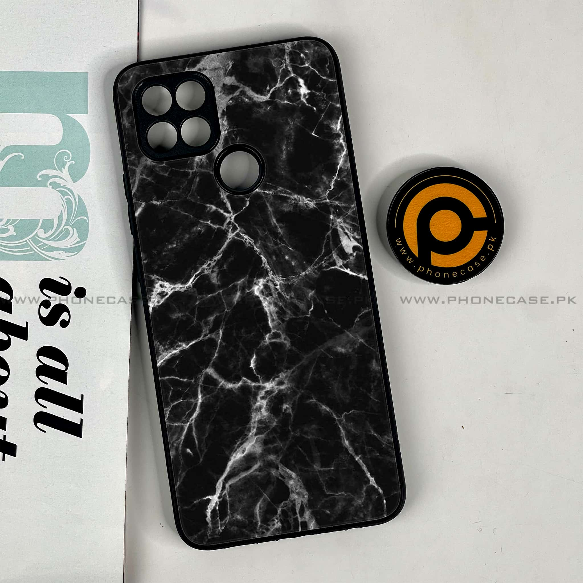 Oppo A15s - Black Marble Series - Premium Printed Glass soft Bumper shock Proof Case