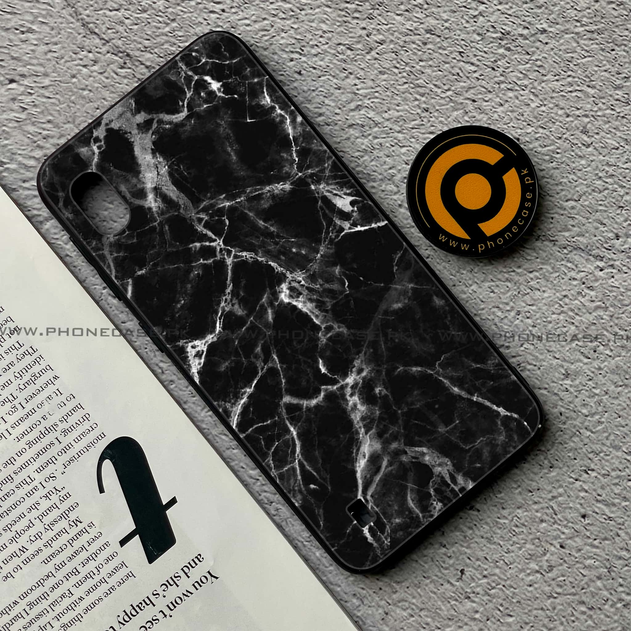 Samsung Galaxy A10 - Black Marble Series - Premium Printed Glass soft Bumper shock Proof Case