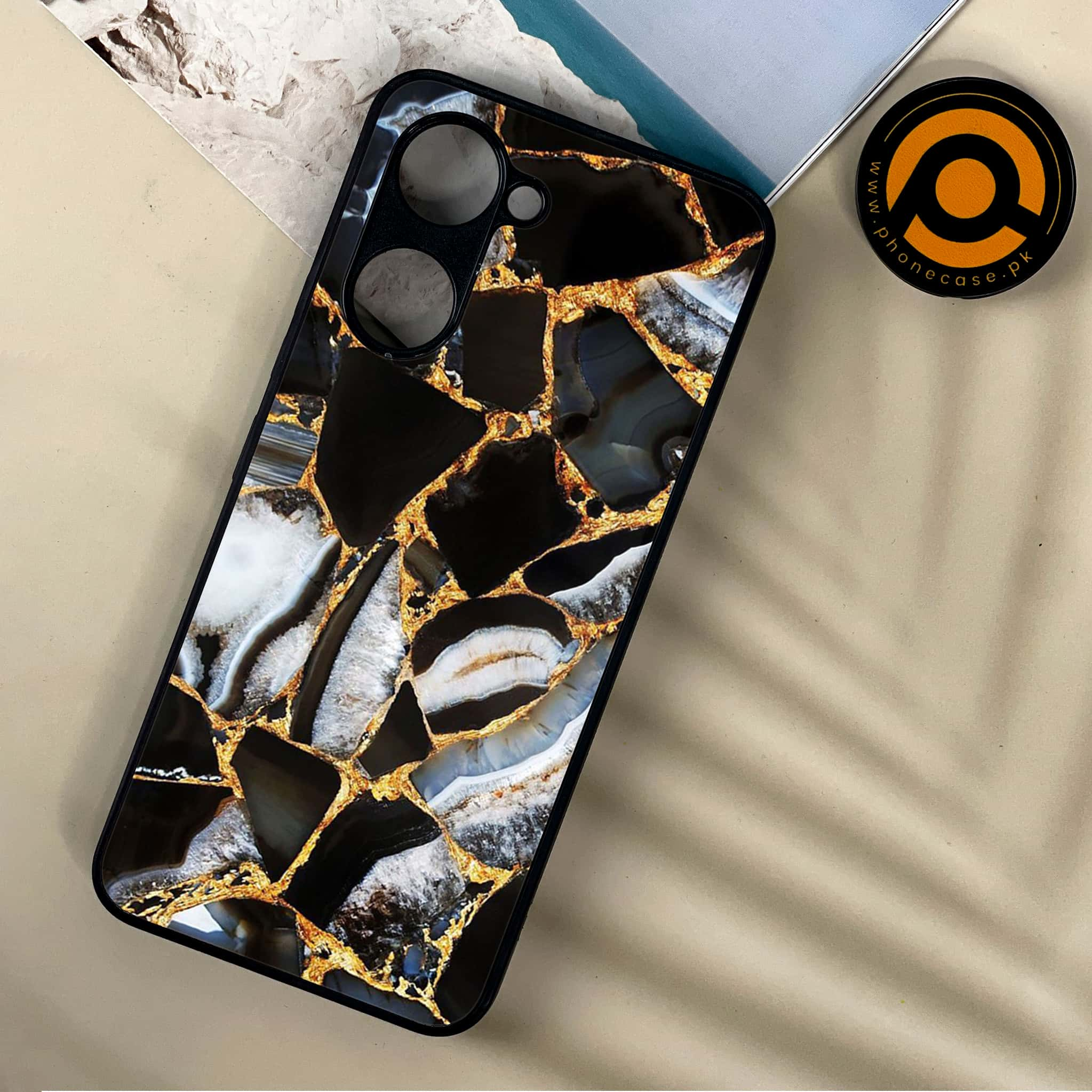 Vivo Y03 - Black Marble Series - Premium Printed Metal soft Bumper shock Proof Case