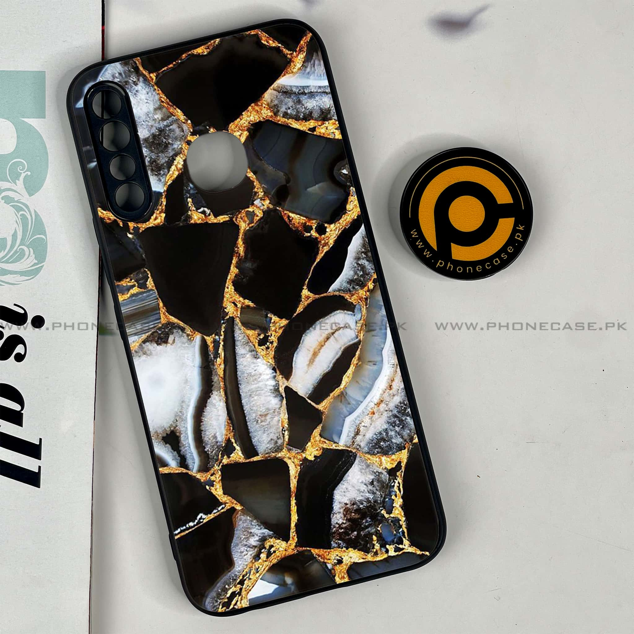 Infinix Hot 8 Lite - Black Marble Series - Premium Printed Glass soft Bumper shock Proof Case