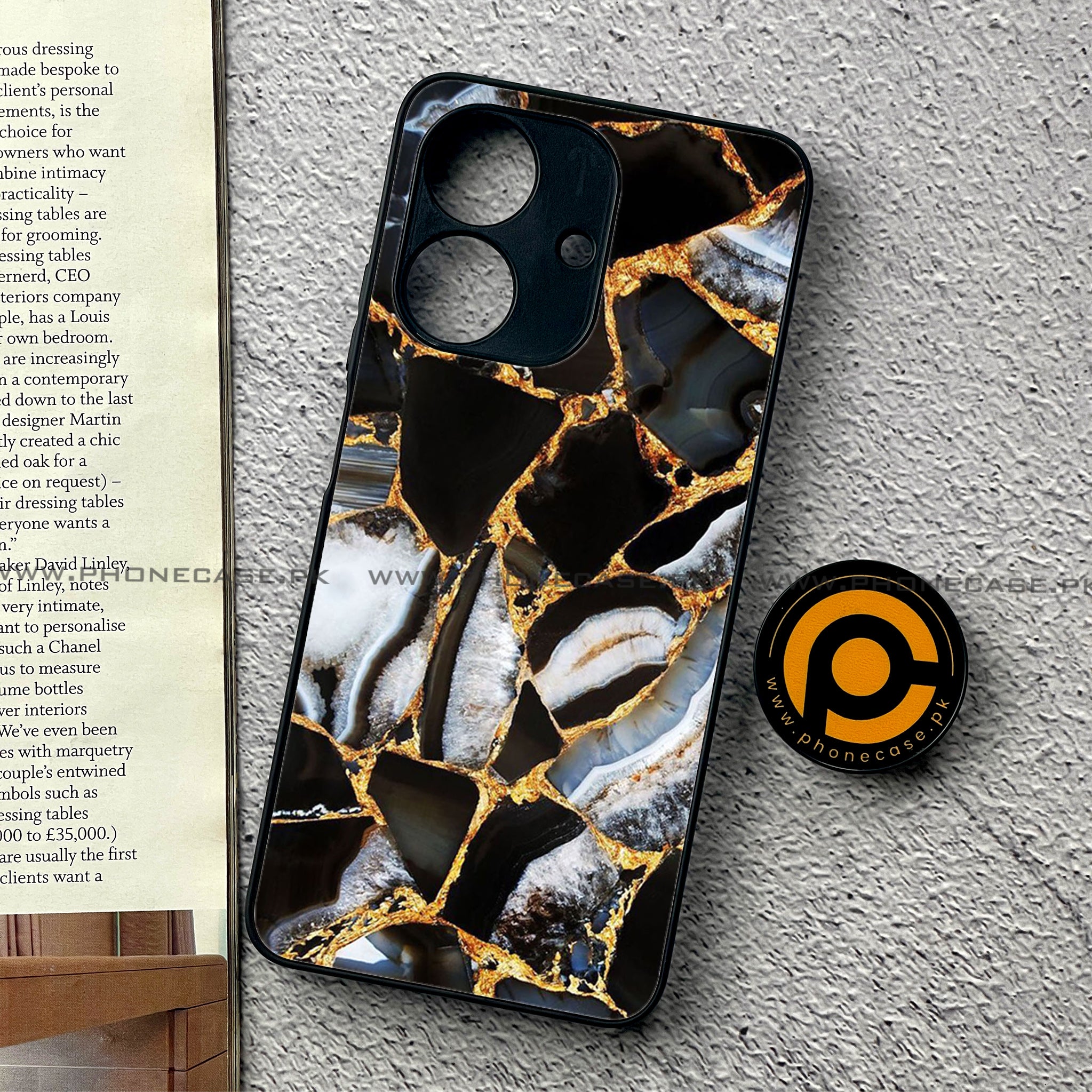 Realme Note 60 - Black Marble Series - Premium Printed Glass soft Bumper shock Proof Case