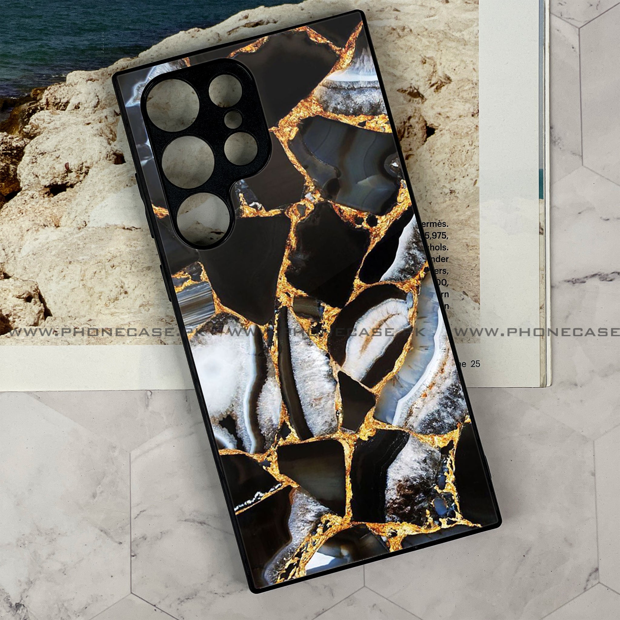 Samsung Galaxy S22 Ultra - Black Marble Series - Premium Printed Glass soft Bumper shock Proof Case