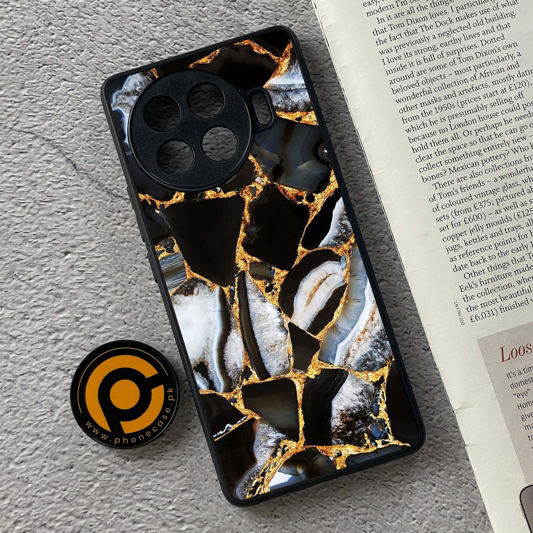 Tecno Spark 20 pro plus - Black Marble Series - Premium Printed Glass soft Bumper shock Proof Case