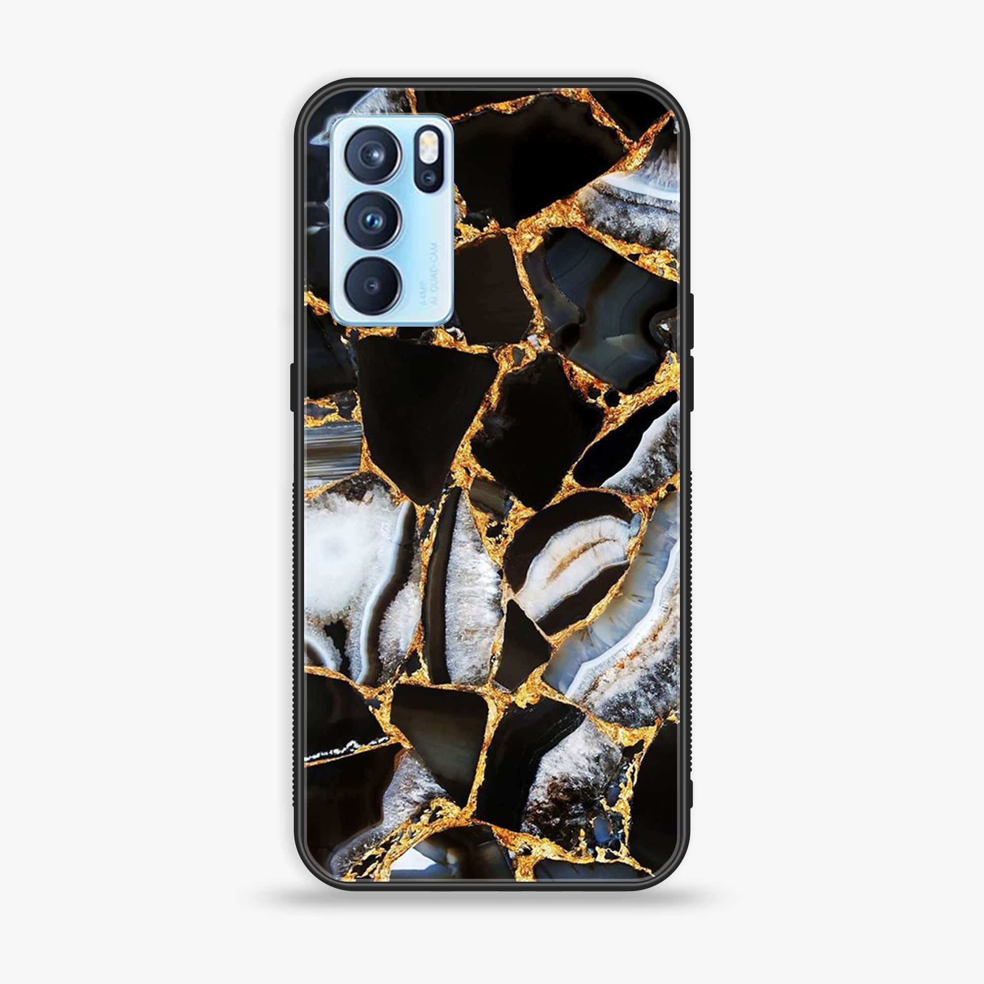 Oppo Reno 6 Pro - Black Marble Series - Premium Printed Glass soft Bumper shock Proof Case