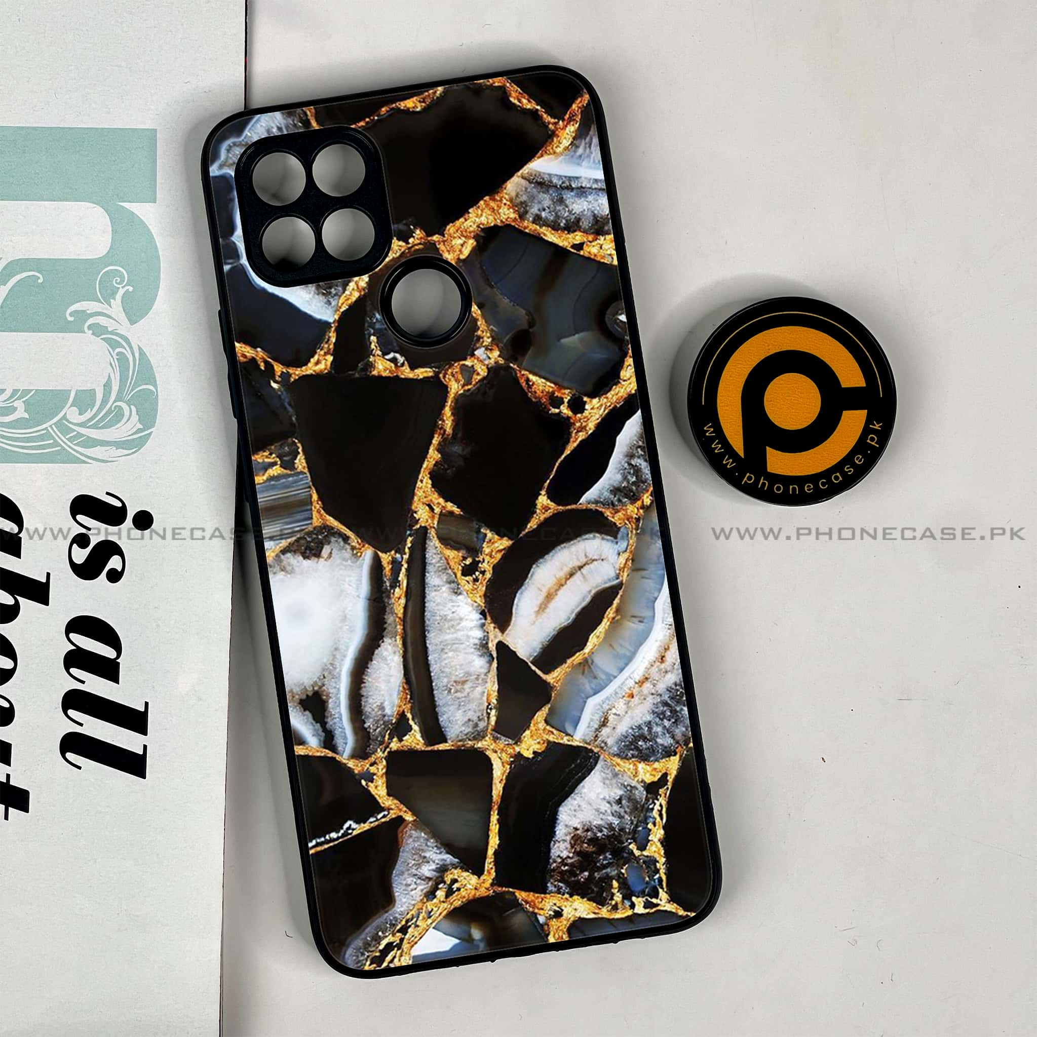 Oppo A15s - Black Marble Series - Premium Printed Glass soft Bumper shock Proof Case