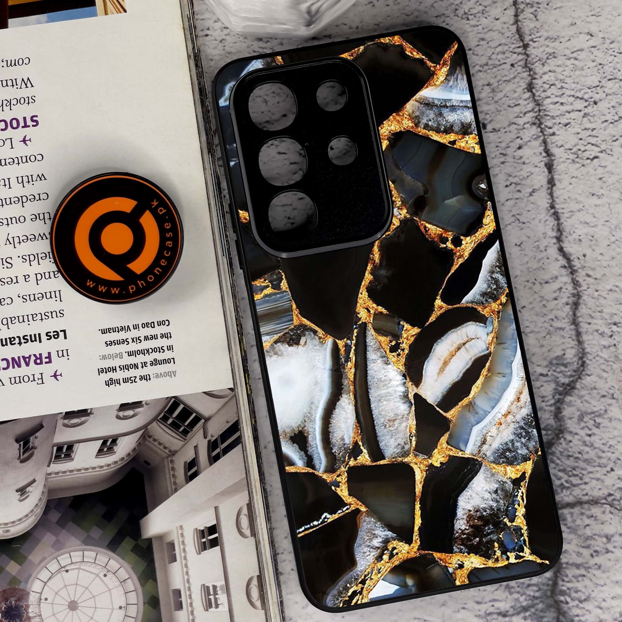 Vivo Y29 4G - Black Marble Series - Premium Metal Printed soft Bumper Shock Proof Case