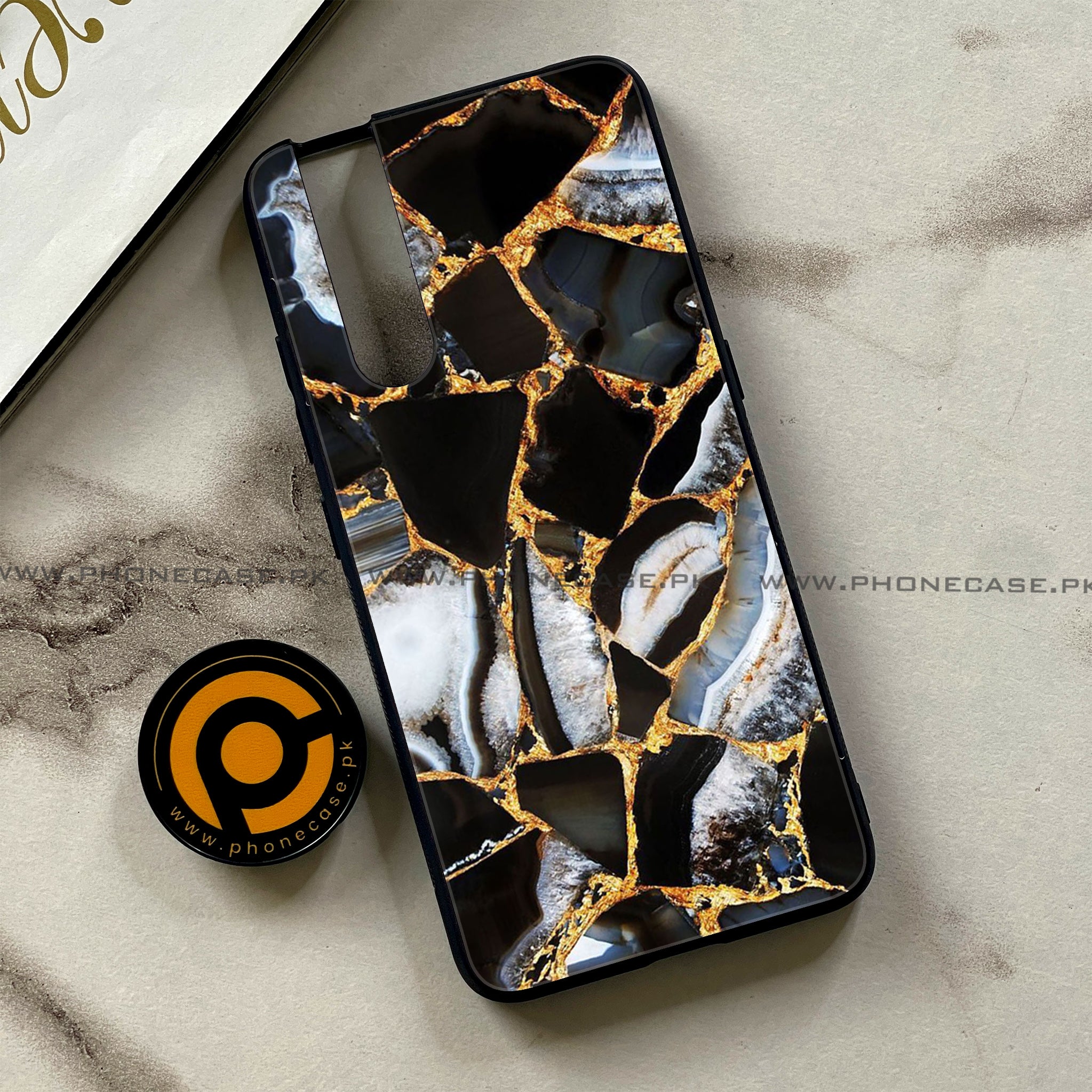 Vivo V15 Pro - Black Marble Series - Premium Printed Glass soft Bumper shock Proof Case