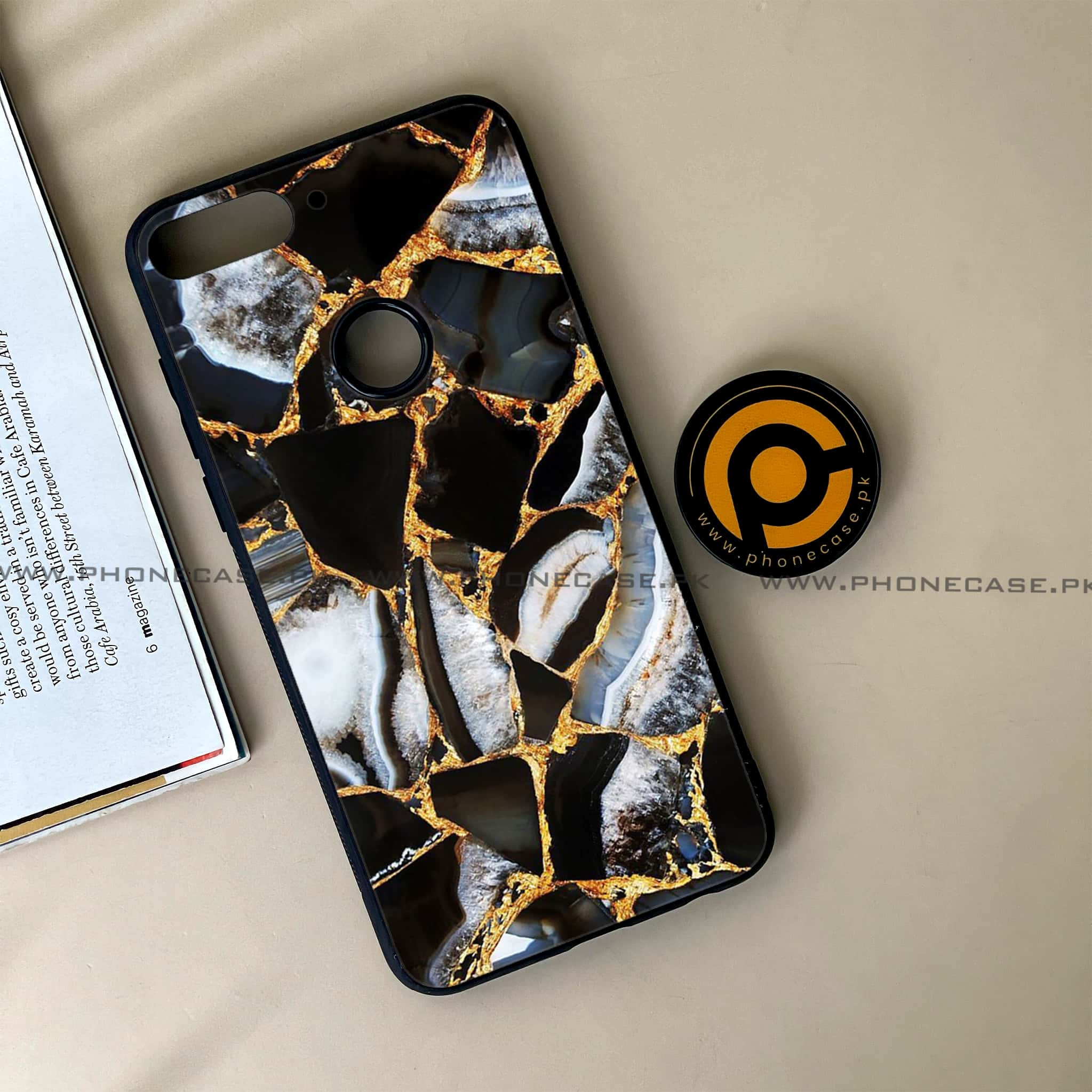 Huawei Y7 Prime (2018) - Black Marble Series - Premium Printed Glass soft Bumper shock Proof Case