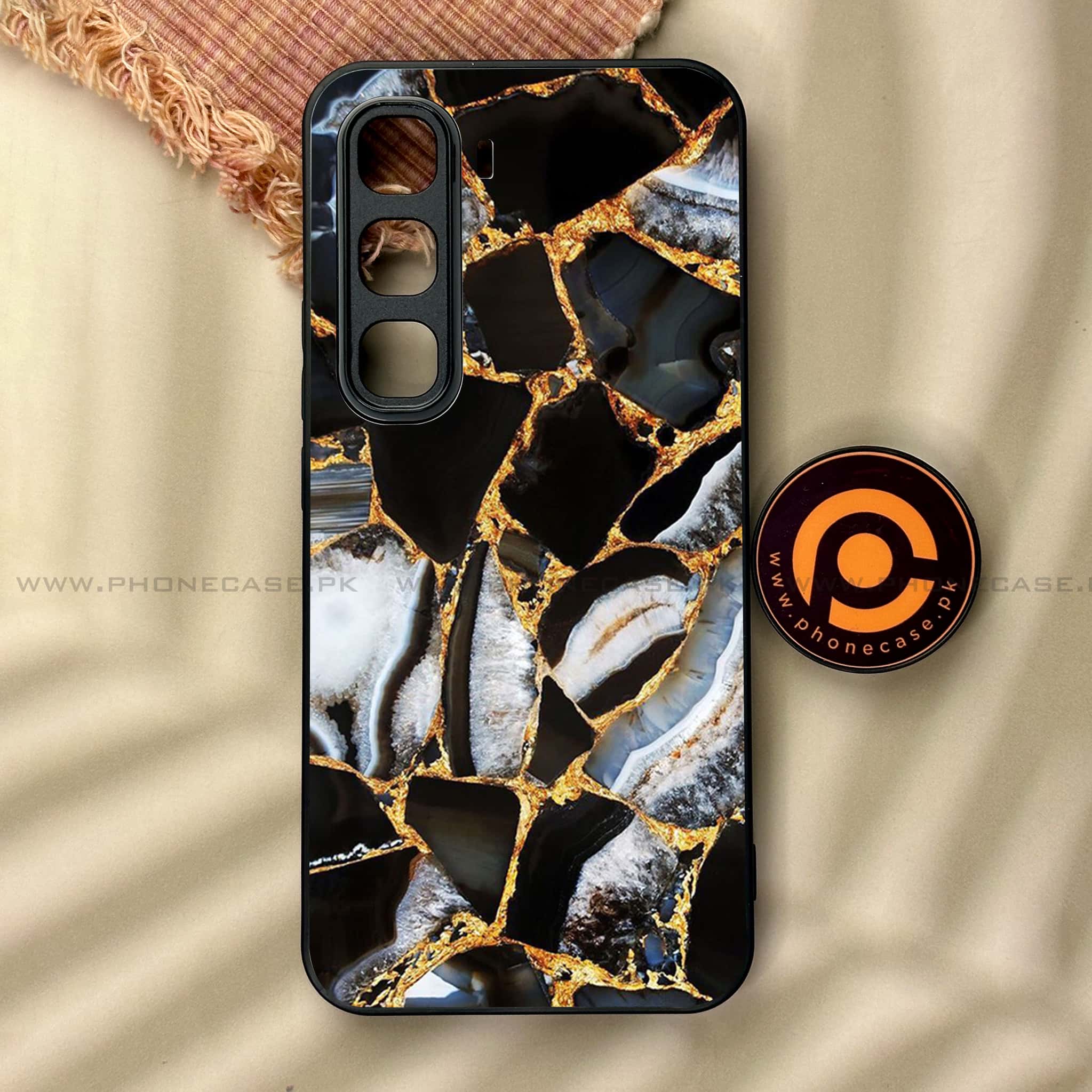 Infinix Hot 60 Pro - Black Marble Series - Premium Metal Printed soft Bumper shock Proof Case