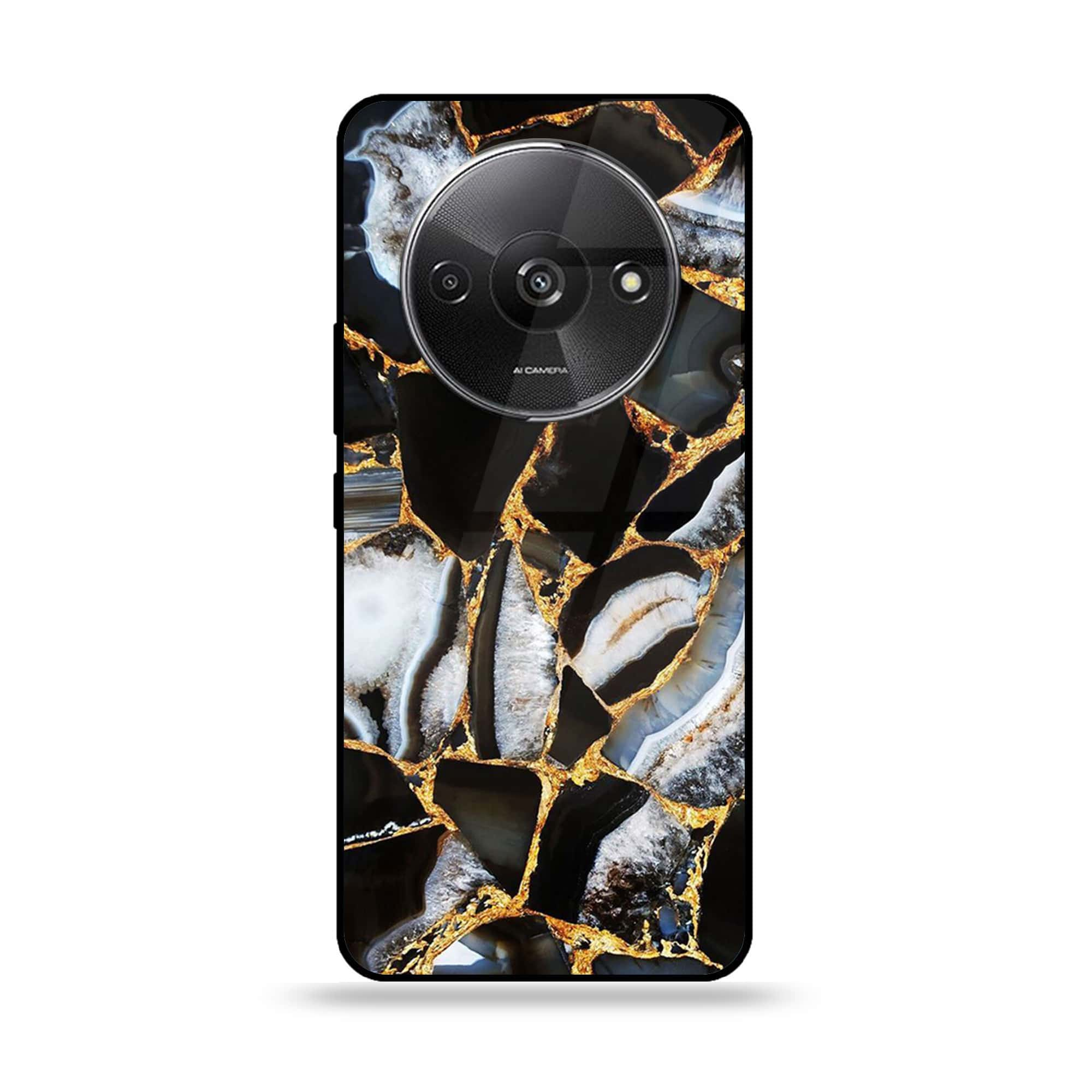 Xiaomi Redmi A3 - Black Marble Series - Premium Printed Glass soft Bumper shock Proof Case