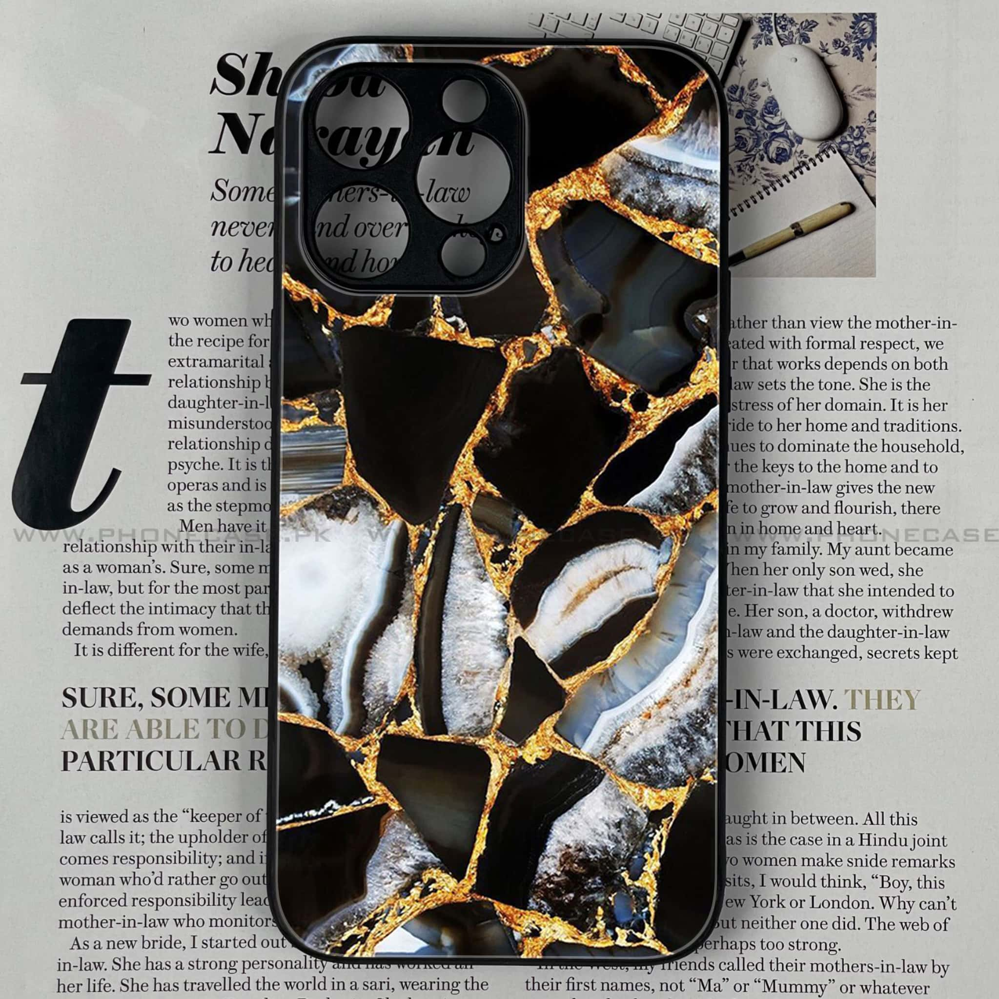 iPhone 14 Pro Max - Black Marble Series - Premium Printed Glass soft Bumper shock Proof Case