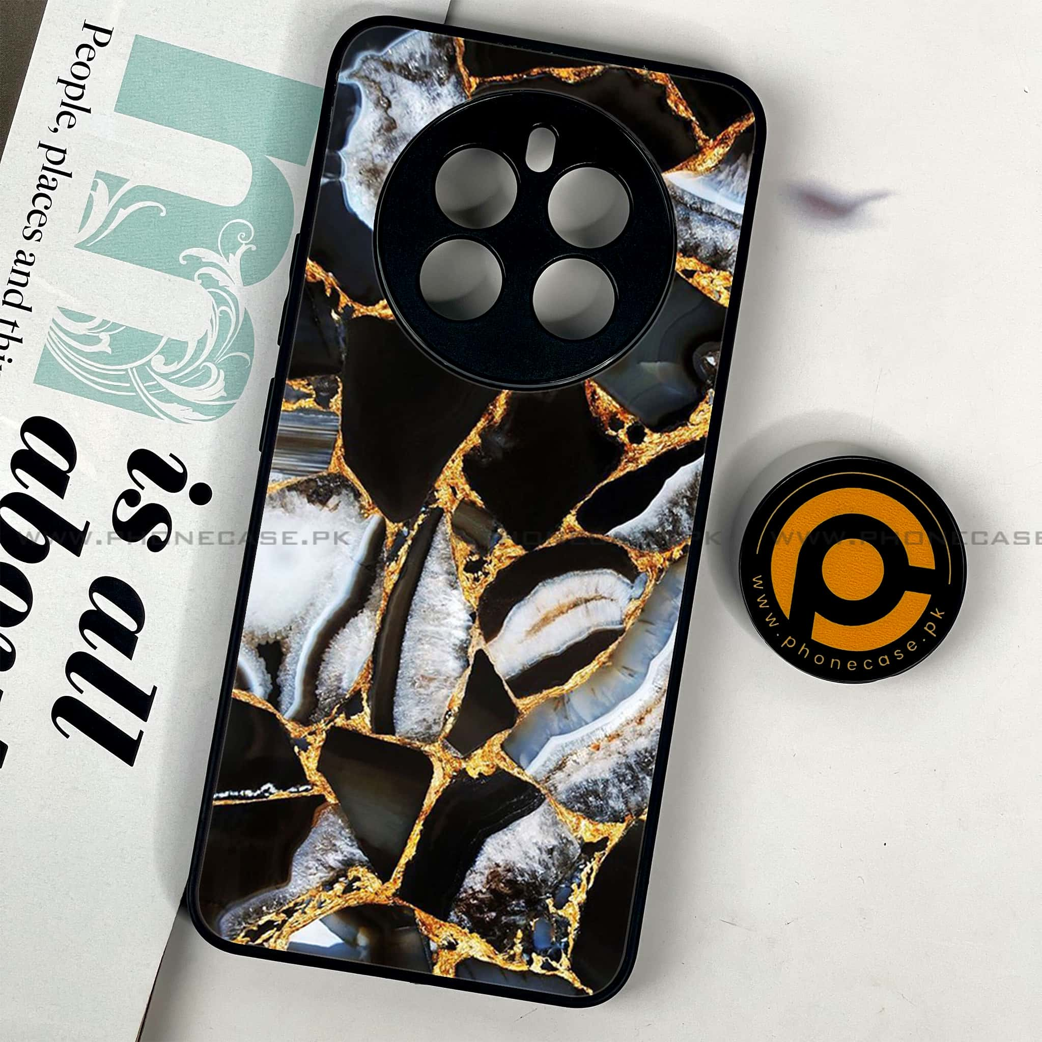 Realme 12 - Black Marble Series - Premium Printed Glass soft Bumper shock Proof Case