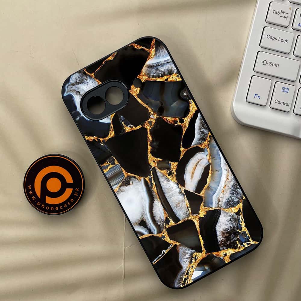 Google Pixel 9a - Black Marble Series - Premium Metal Printed soft Bumper Shock Proof Case