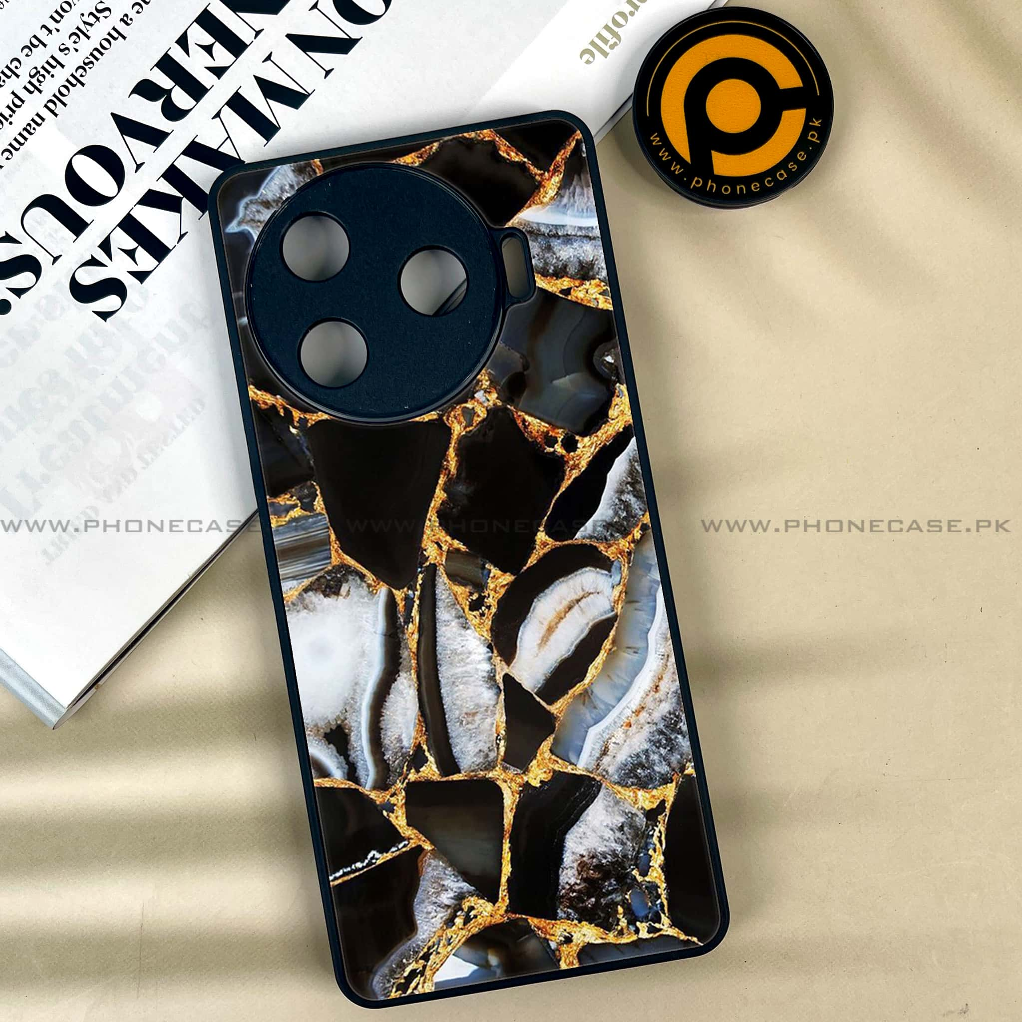 Tecno Camon 30 Pro - Black Marble Series - Premium Printed Glass soft Bumper shock Proof Case