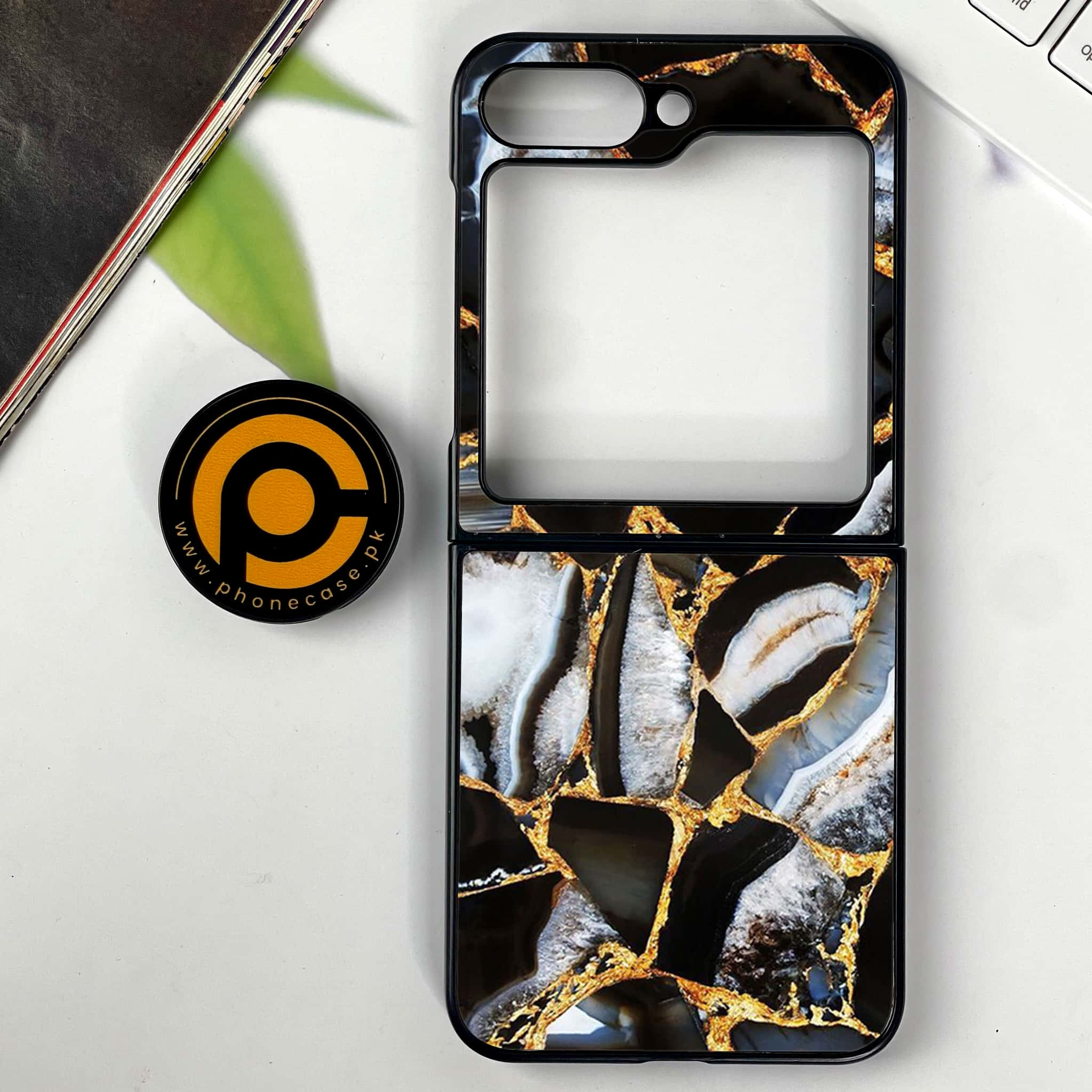 Galaxy Z Flip 6 - Black Marble Series - Premium Printed Glass soft Bumper shock Proof Case