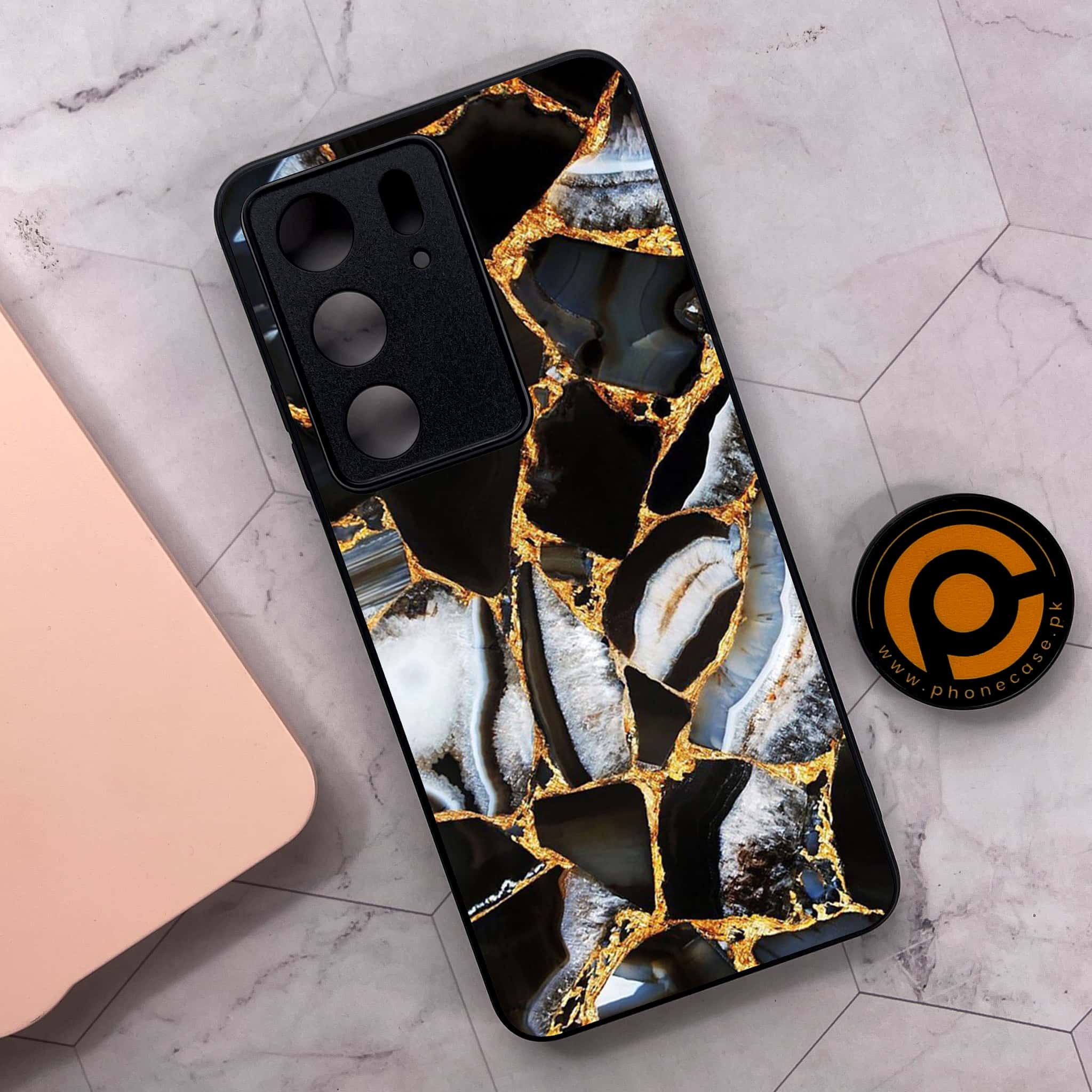 Realme C75x 4G - Black Marble Series - Premium Metal Printed soft Bumper shock Proof Case