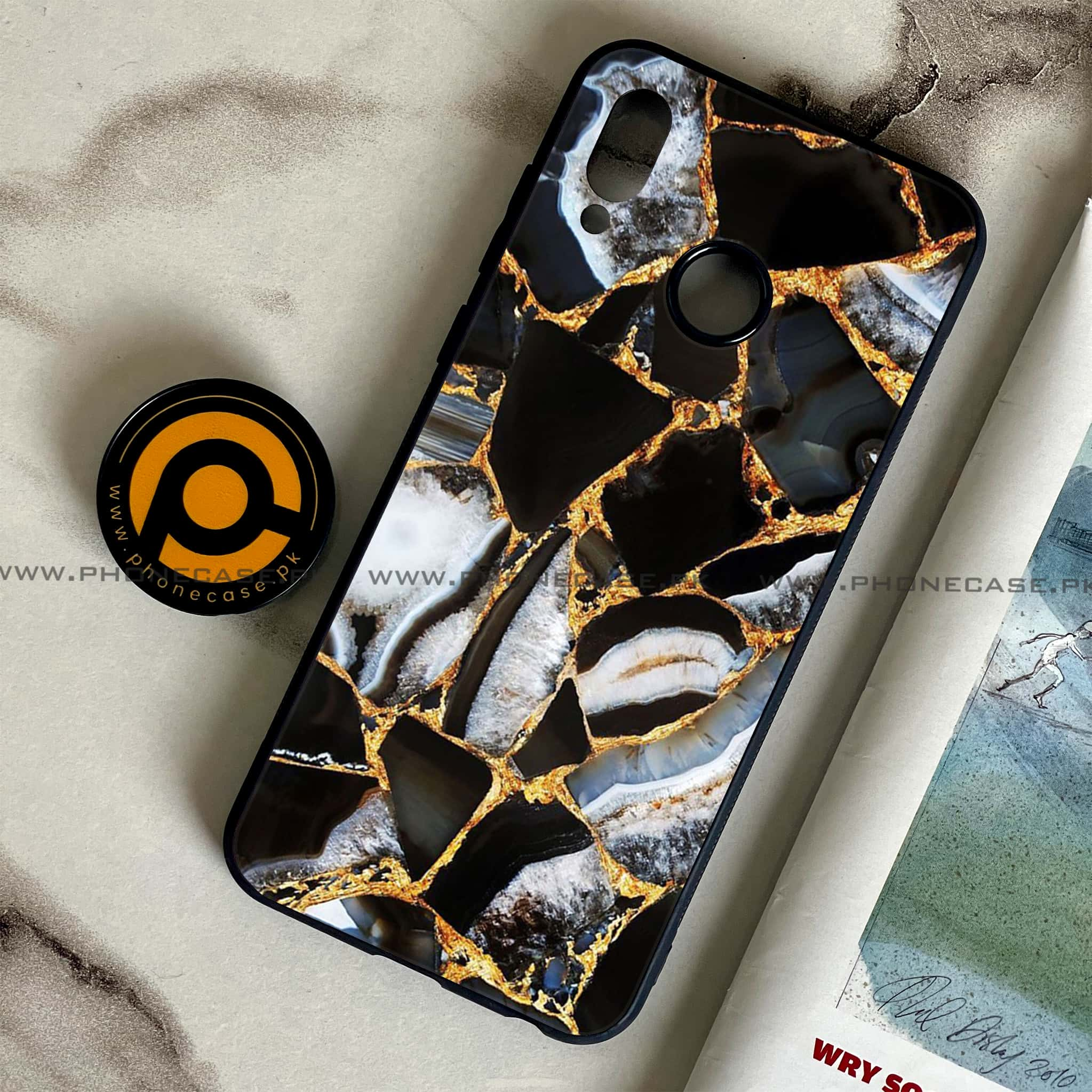 Huawei Honor Play - Black Marble Series - Premium Printed Glass soft Bumper shock Proof Case