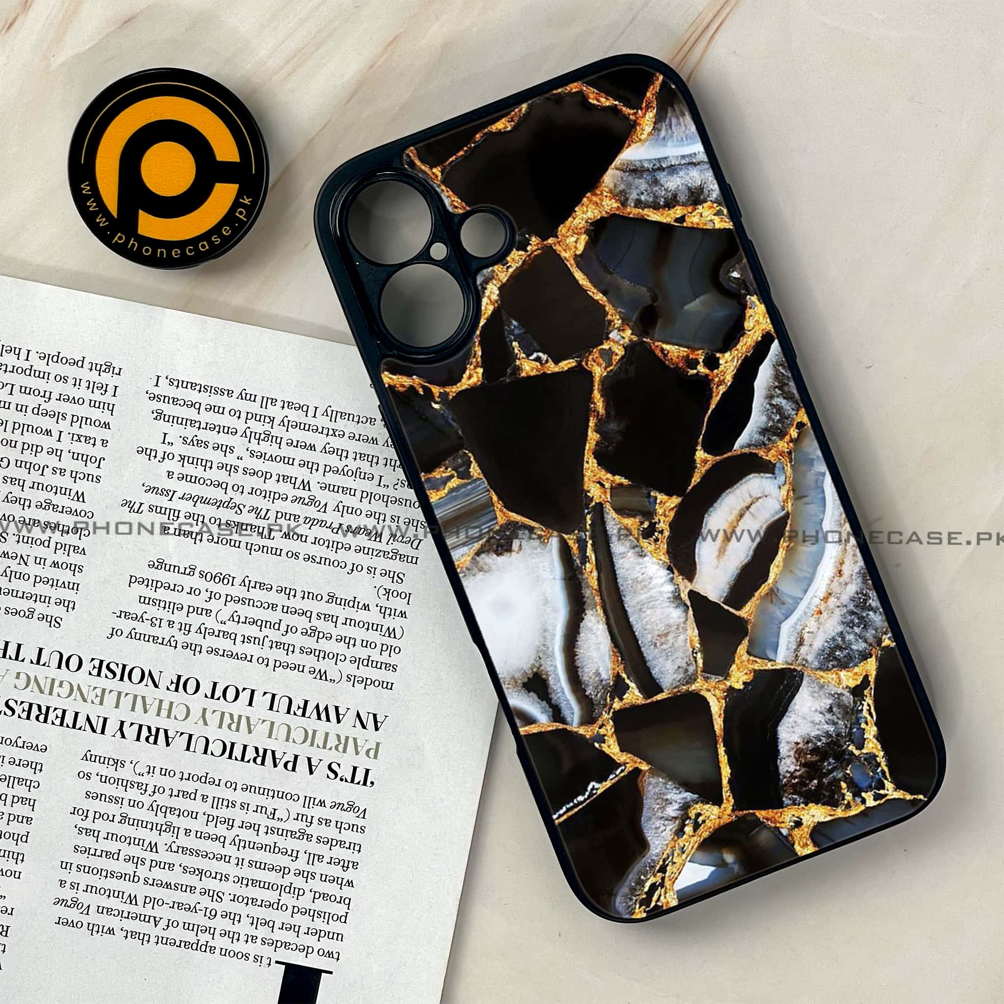 iPhone 16 - Black Marble Series - Premium Printed Glass soft Bumper shock Proof Case