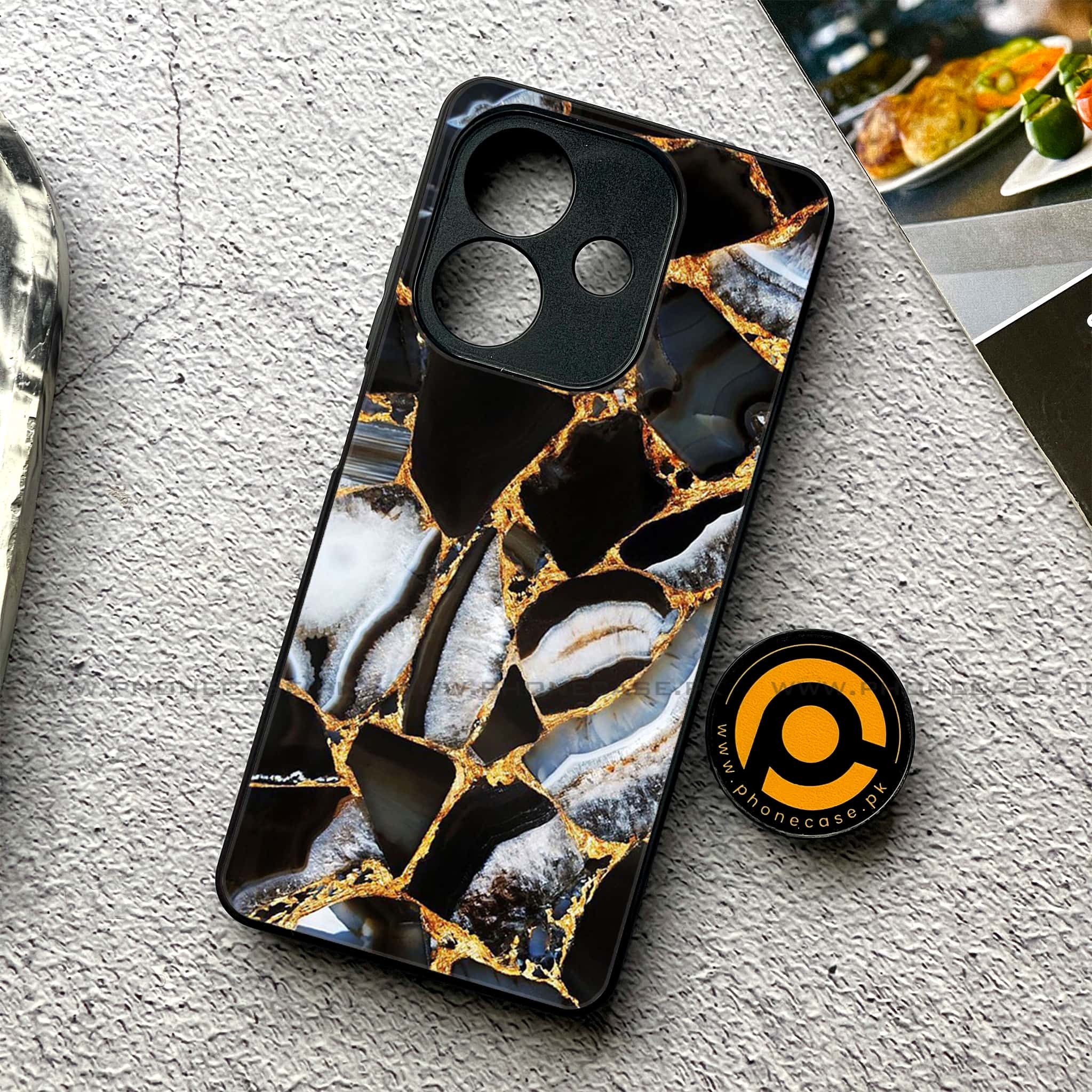 Oppo A5i - Black Marble Series - Premium Metal Printed soft Bumper shock Proof Case