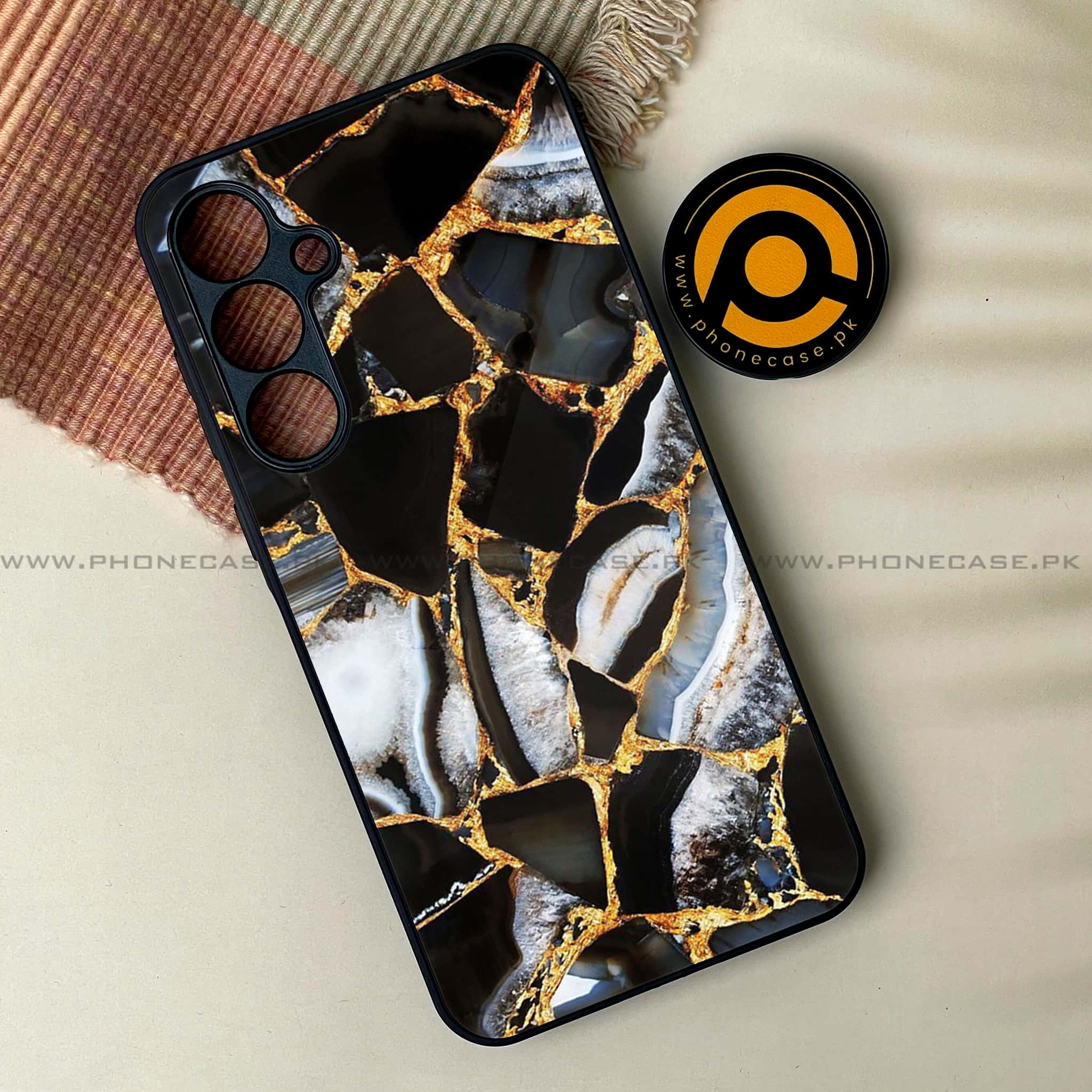 Galaxy A35 5G - Black Marble Series - Premium Printed Glass soft Bumper shock Proof Case