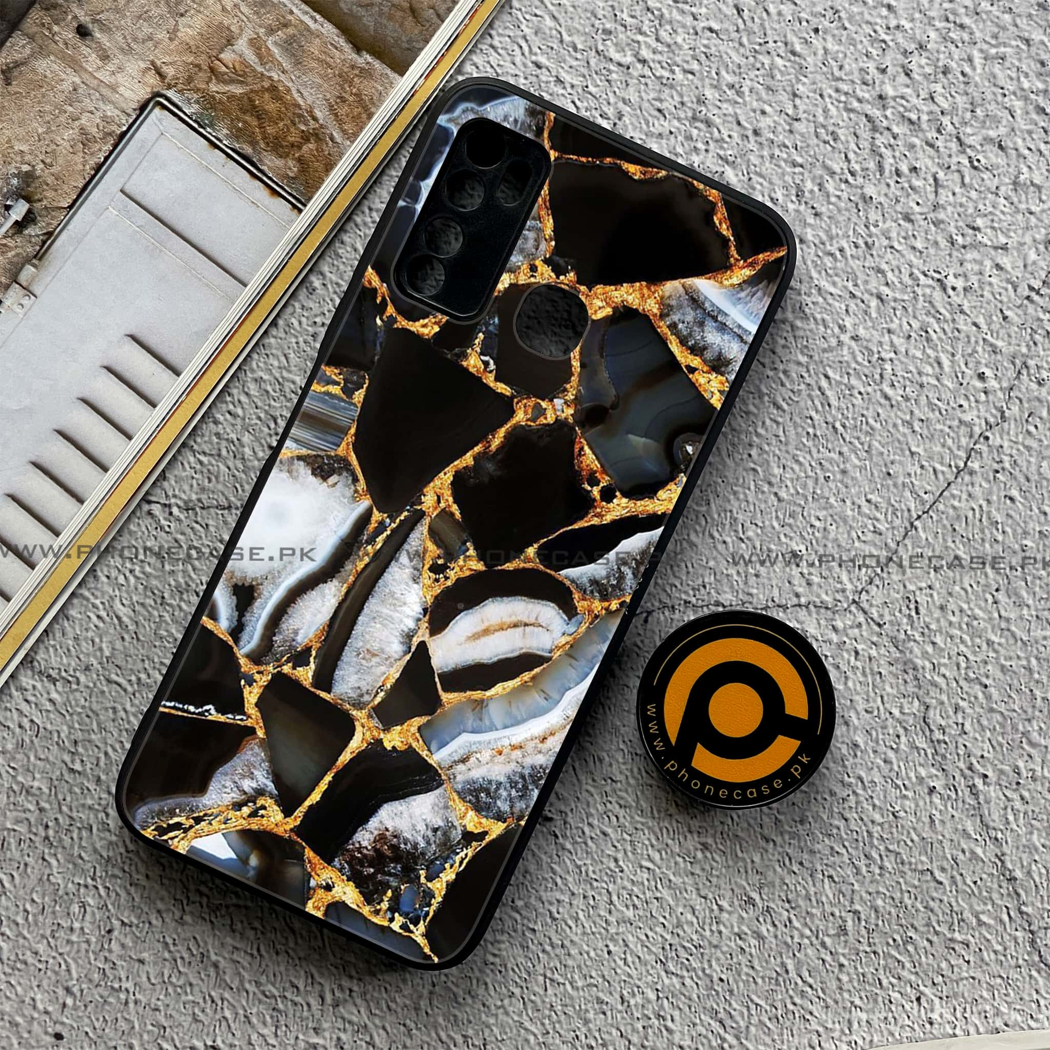 Infinix Note 7 Lite - Black Marble Series - Premium Printed Metal soft Bumper shock Proof Case