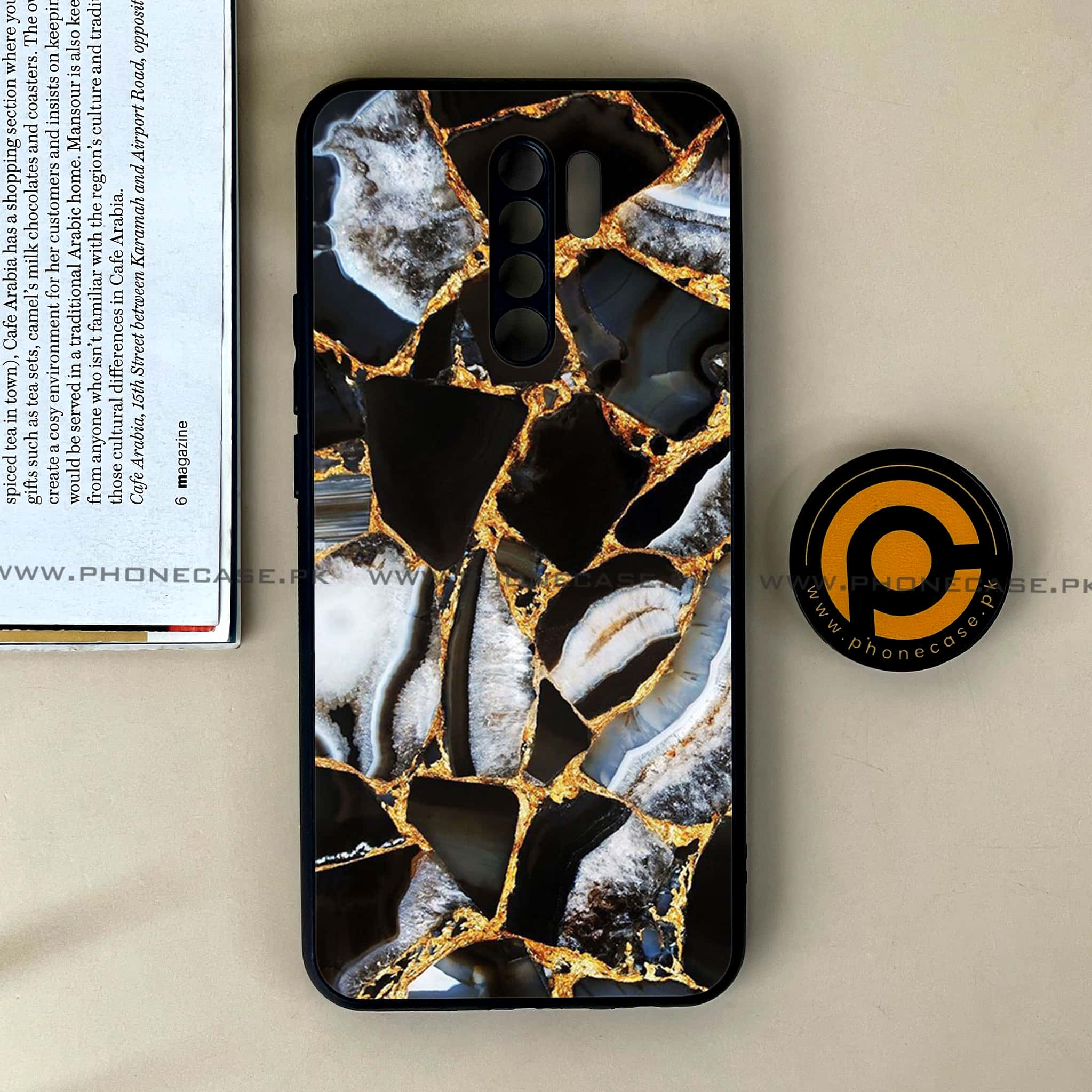 Xiaomi Redmi 9 - Black Marble Series - Premium Printed Glass soft Bumper shock Proof Case