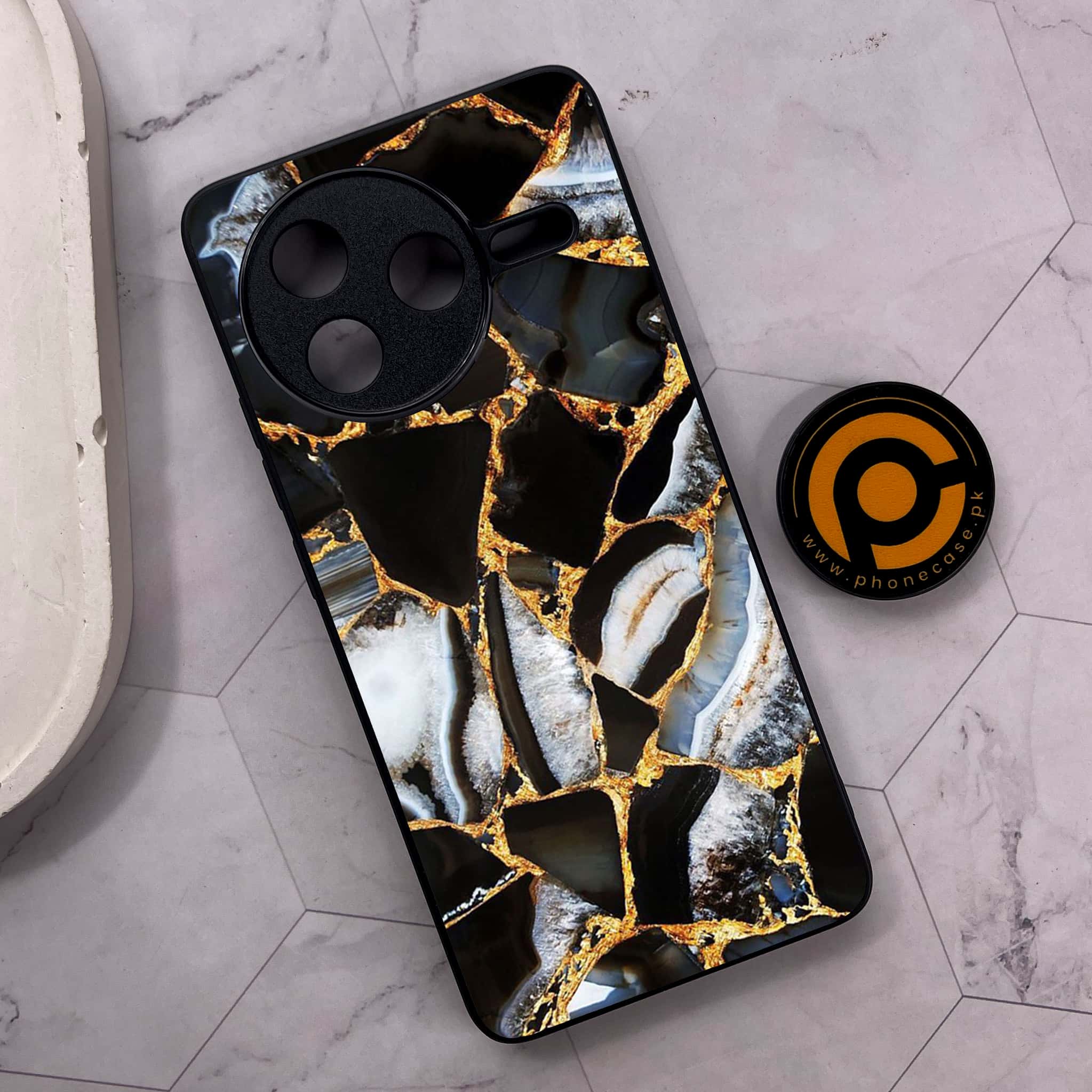 Xiaomi Poco F7 Pro 5G - Black Marble Series - Premium Metal Printed soft Bumper shock Proof Case