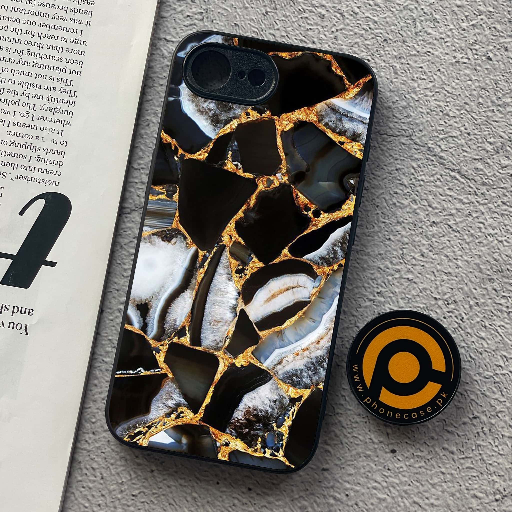 iPhone 16e - Black Marble Series - Premium Metal  Printed soft Bumper shock Proof Case