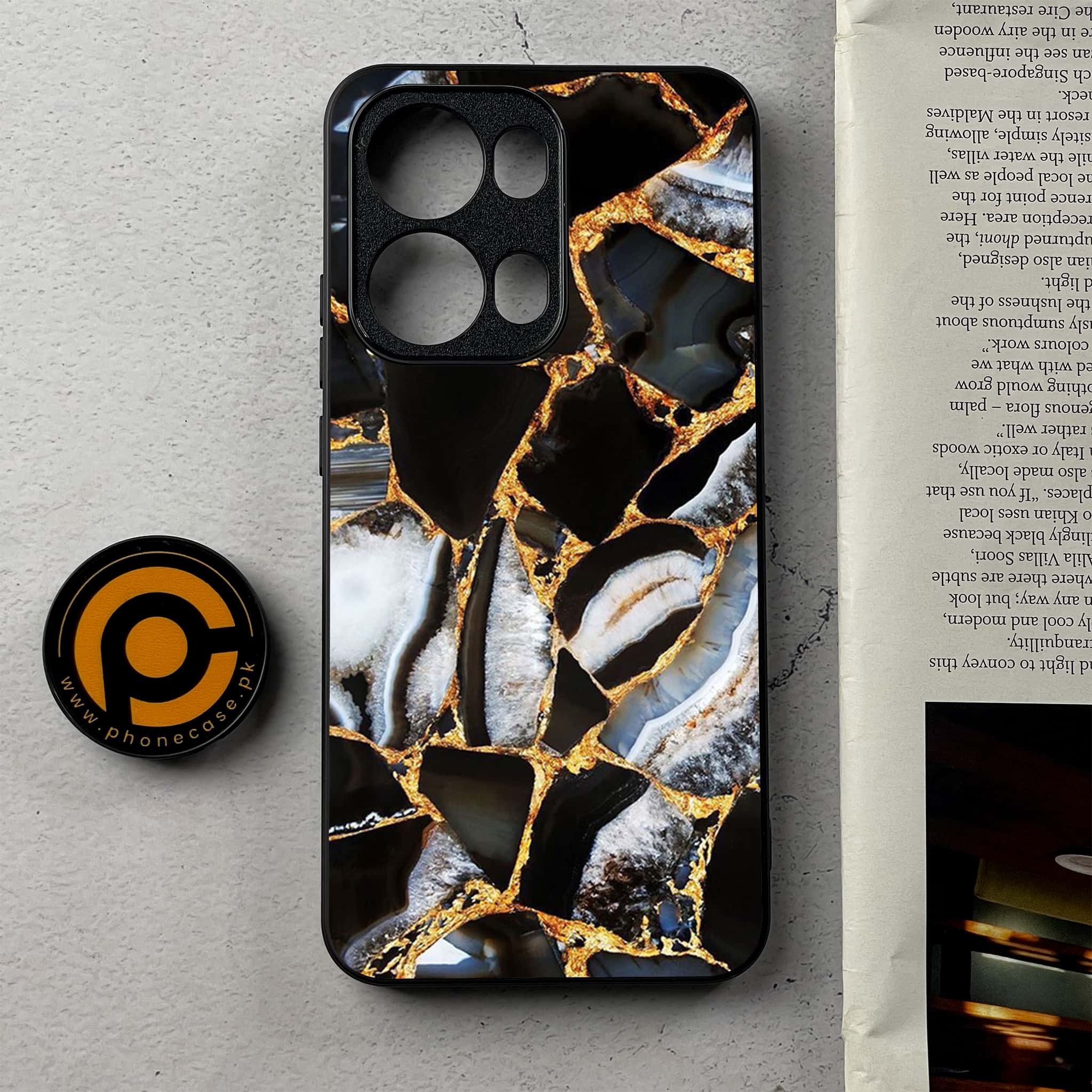 Oppo Reno 13 Pro - Black Marble Series - Premium Metal Printed Soft Bumper Shockproof Case