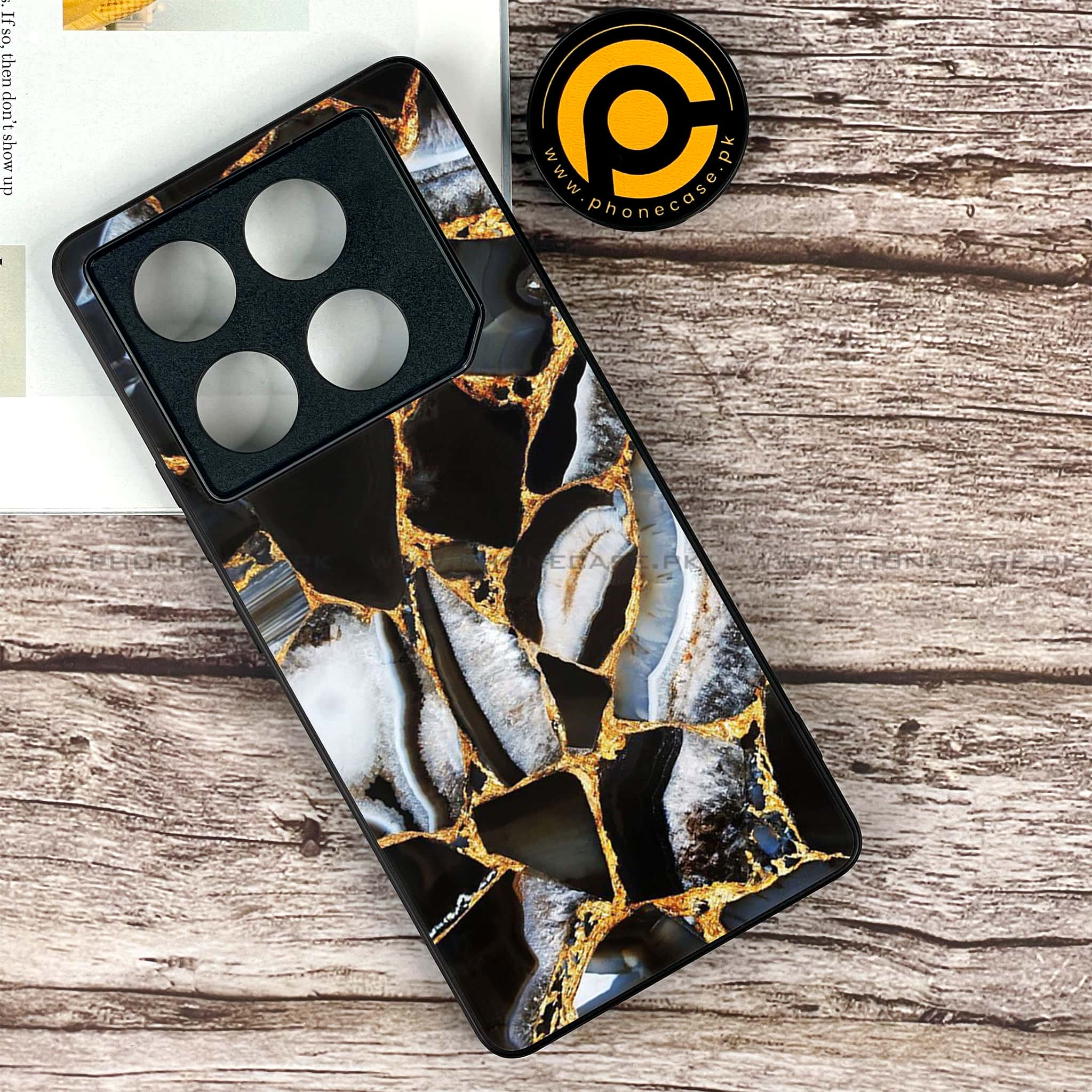 Infinix GT 20 Pro - Black Marble Series - Premium Printed Glass soft Bumper shock Proof Case