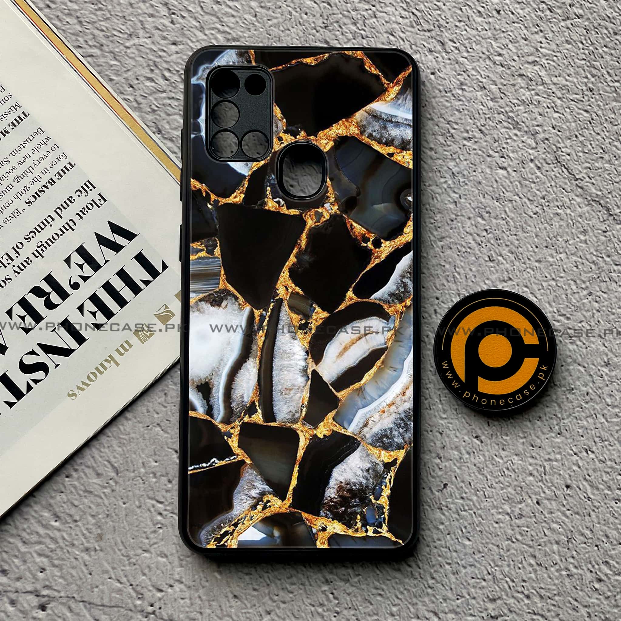 Samsung Galaxy A21s - Black Marble Series - Premium Printed Glass soft Bumper shock Proof Case