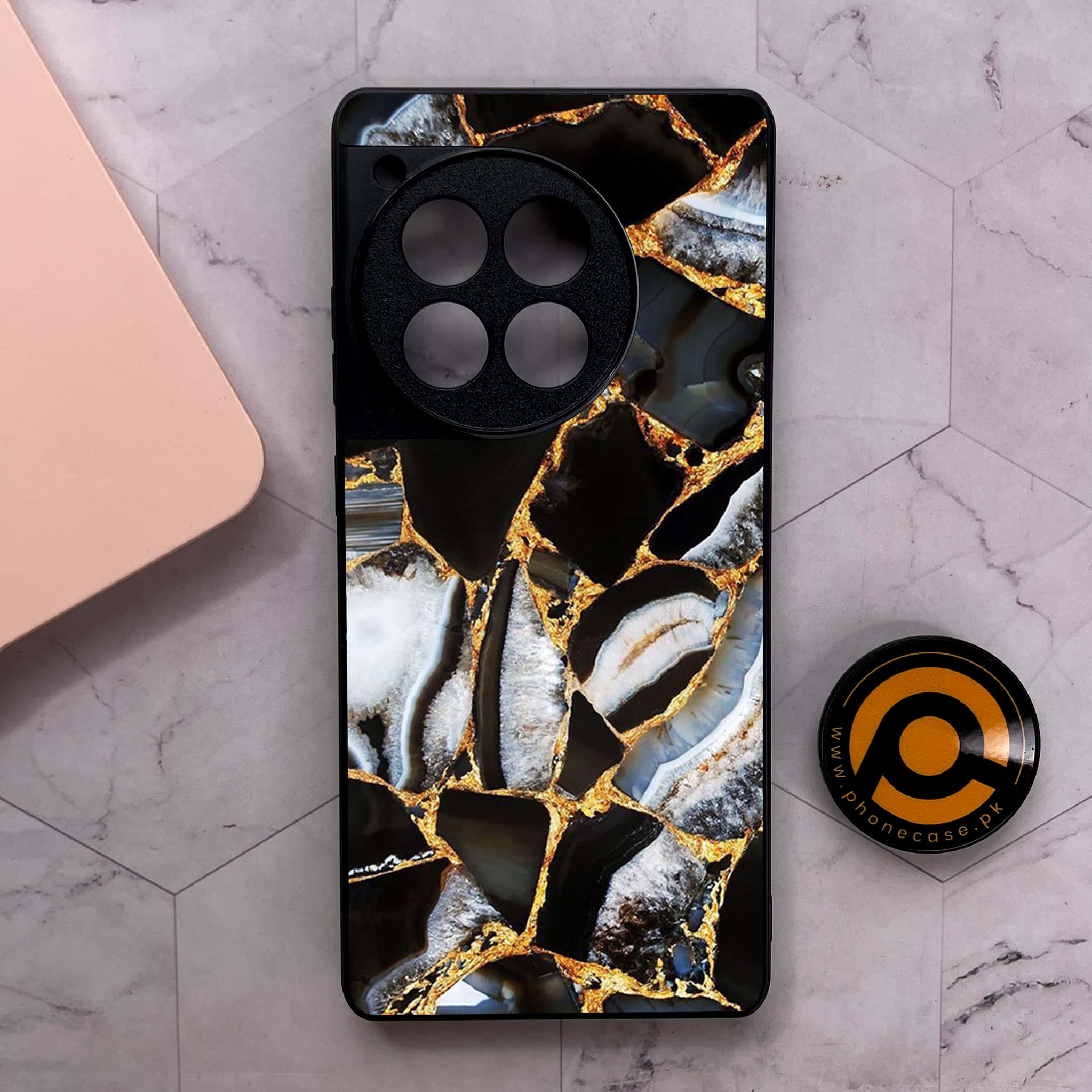 OnePlus 12R - Black Marble Series - Premium Metal Printed soft Bumper shock Proof Case