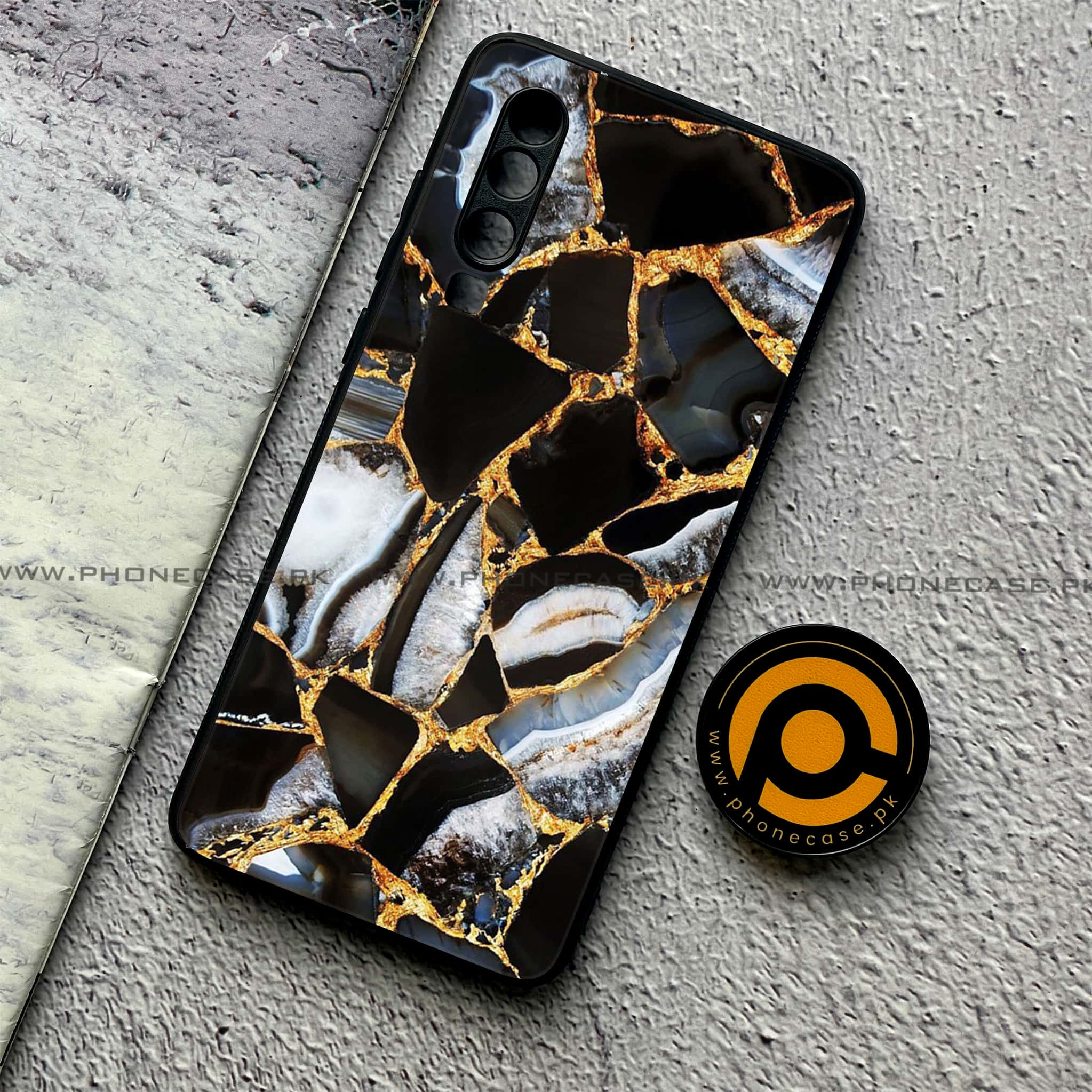 Huawei P30 - Black Marble Series - Premium Printed Glass soft Bumper shock Proof Case