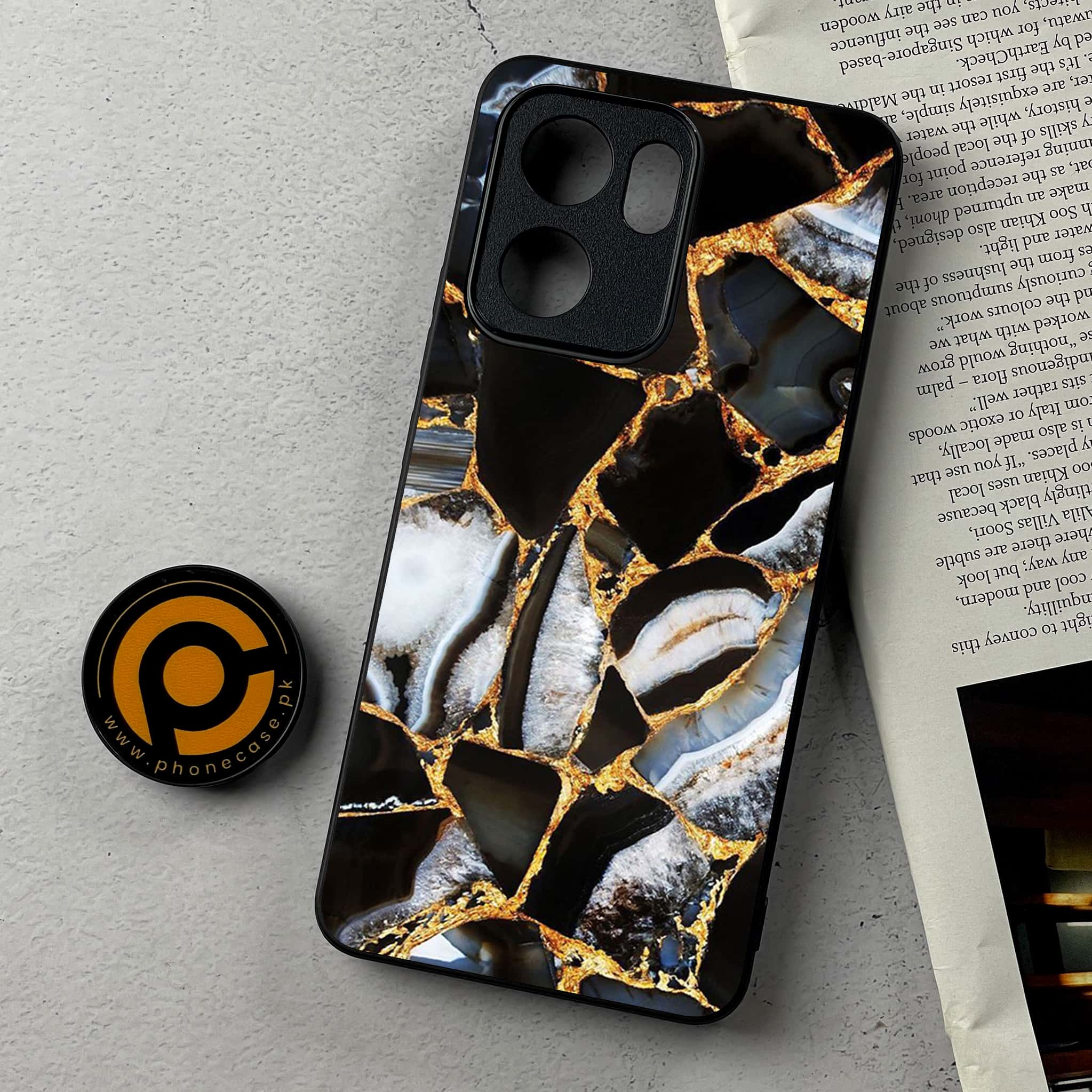 Oppo Reno 13F - Black Marble Series - Premium Metal Printed Soft Bumper Shockproof Case