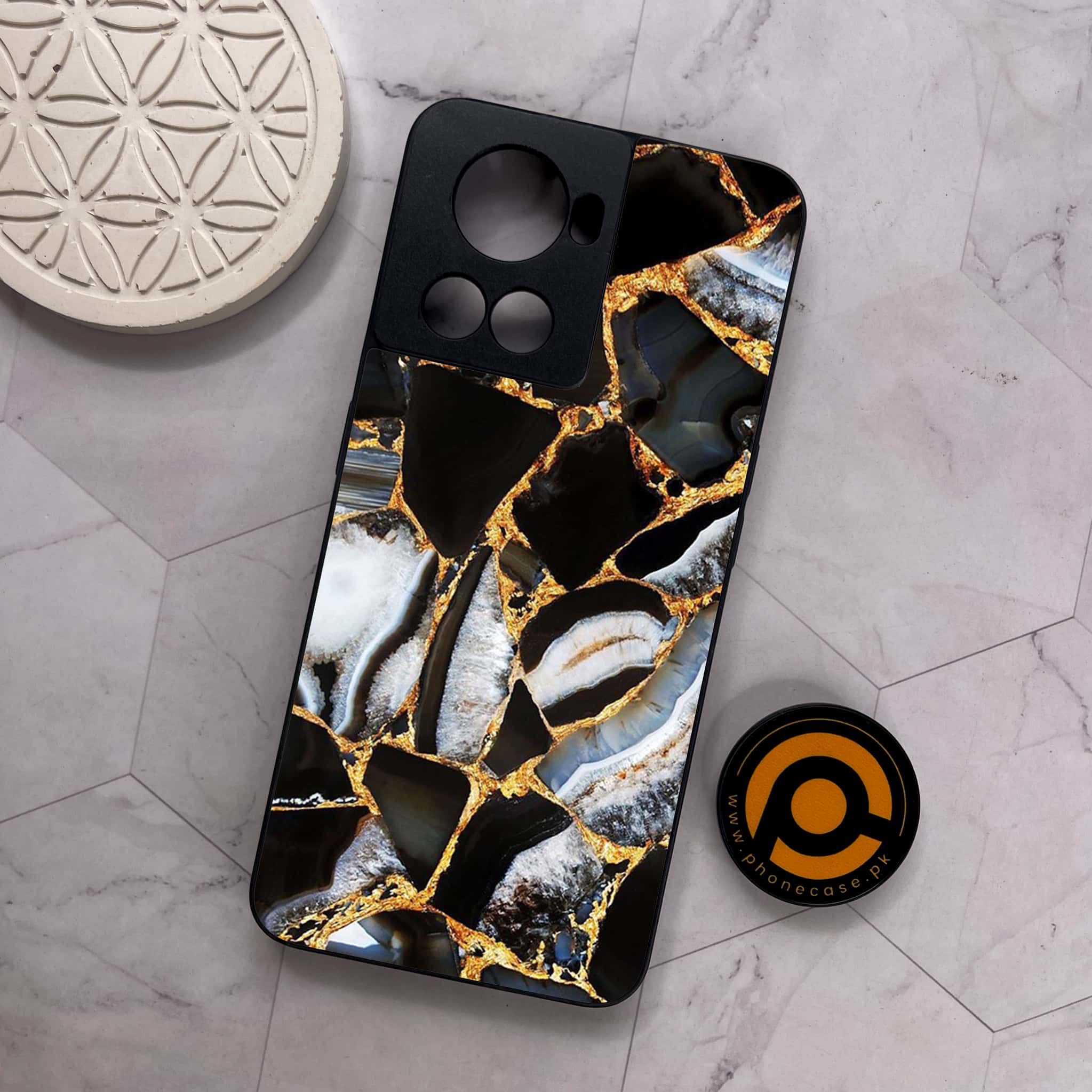 OnePlus 10R - Black Marble Series - Premium Metal Printed soft Bumper shock Proof Case