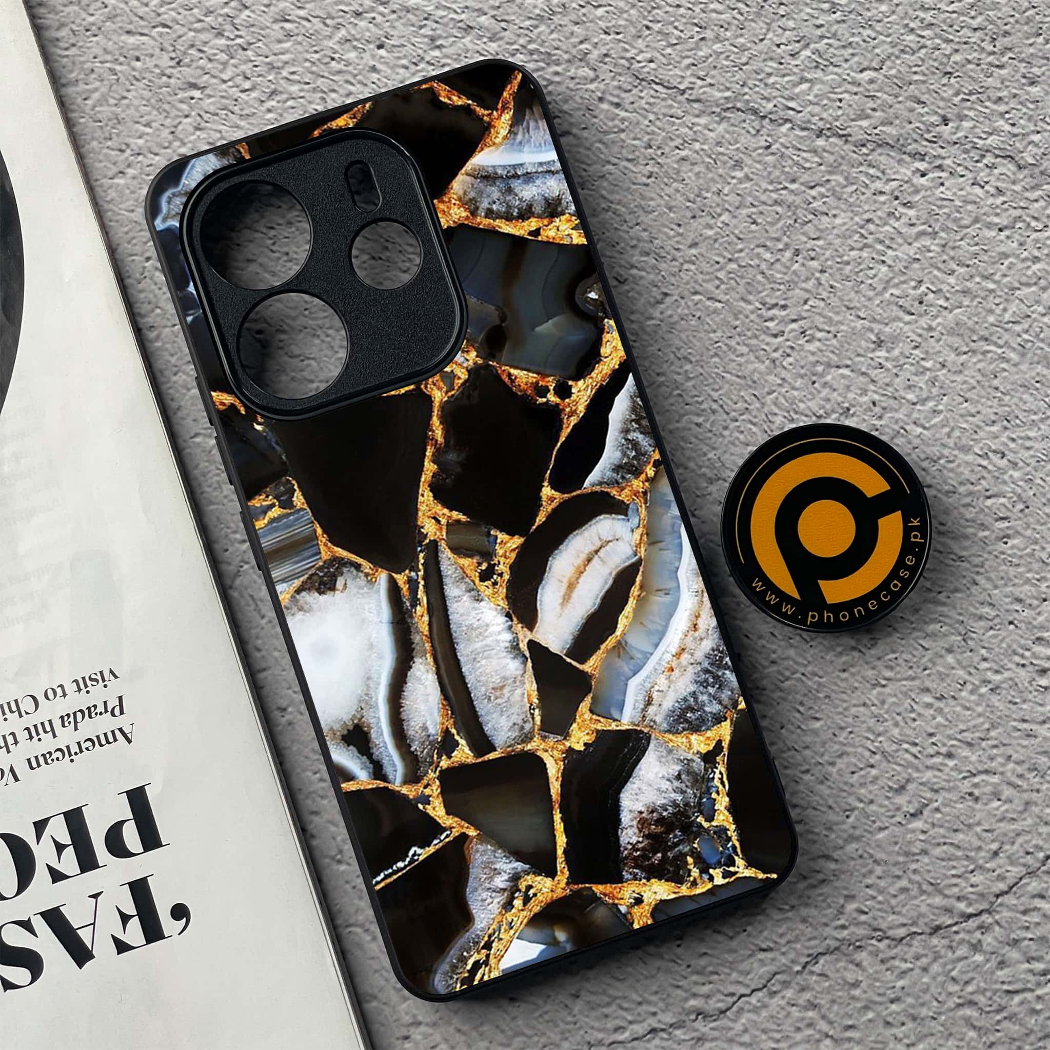 Xiaomi Redmi Note 14 - Black Marble Series - Premium Printed Glass soft Bumper shock Proof Case