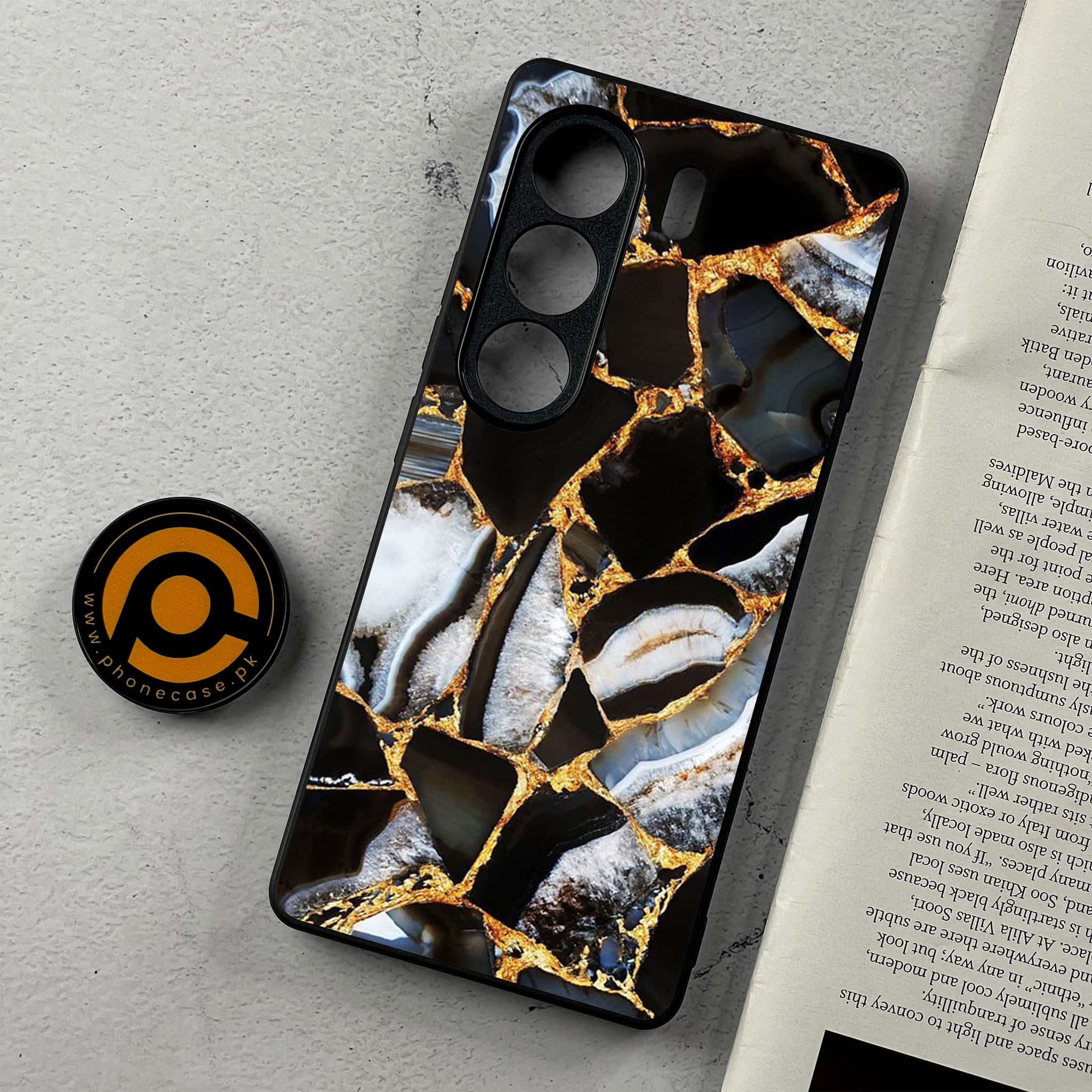 Tecno Camon 40 - Black Marble Series - Premium Metal Printed Soft Bumper Shockproof Case